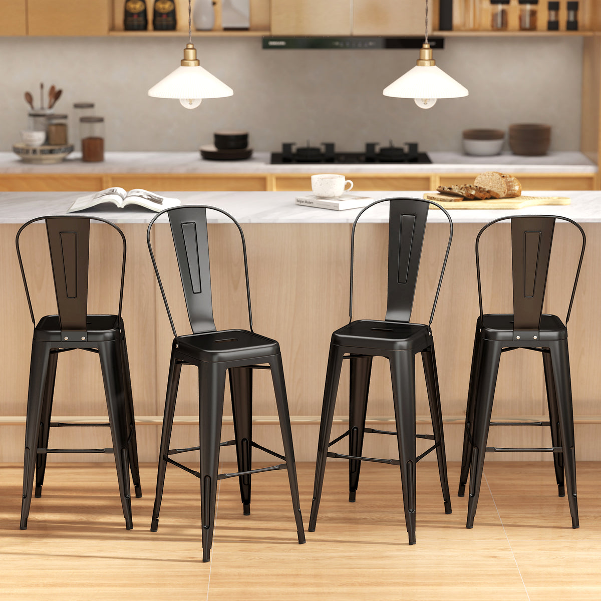 24" Bar Stools Set of 4 Industrial Black Metal-Bar Stools-DECOROLALA
