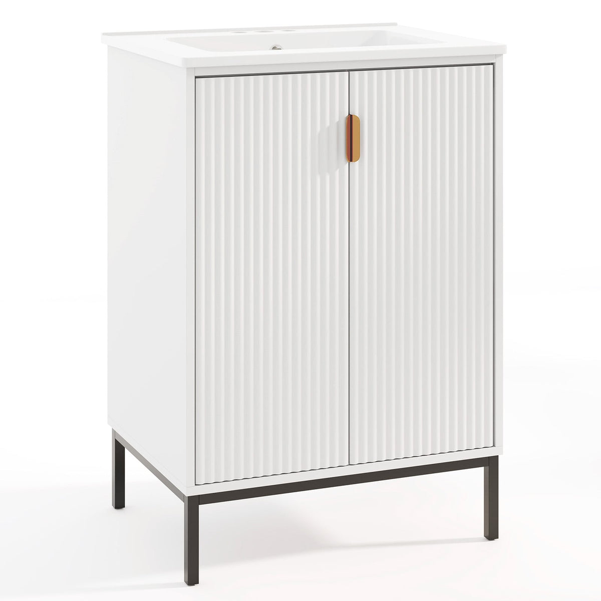 24" Bathroom Vanity with Ceramic Sink Combo - White Modern Cabinet-Floor Cabinets-DECOROLALA