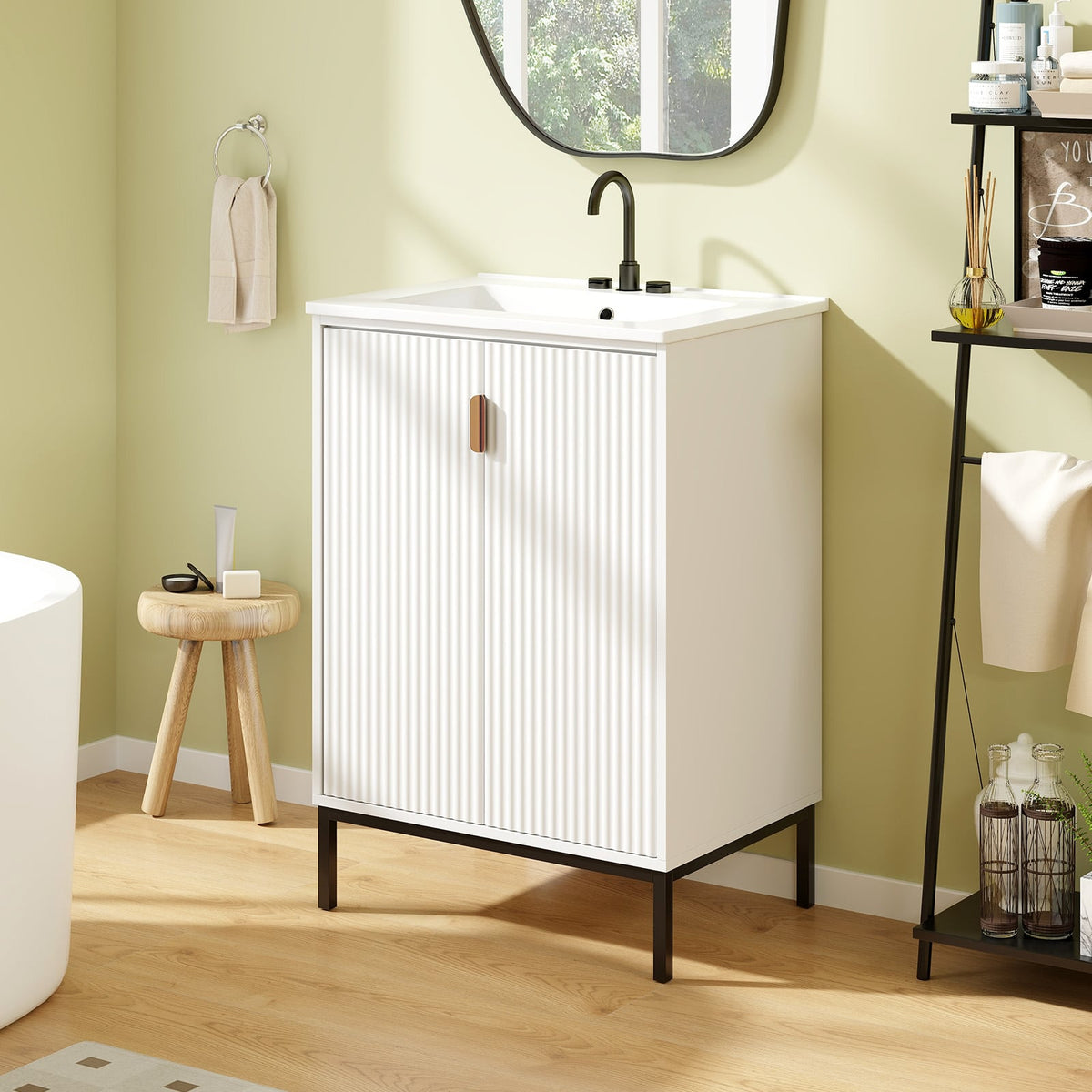 24" Bathroom Vanity with Ceramic Sink Combo - White Modern Cabinet-Floor Cabinets-DECOROLALA