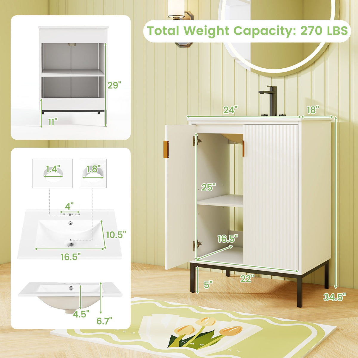 24" Bathroom Vanity with Ceramic Sink Combo - White Modern Cabinet-Floor Cabinets-DECOROLALA