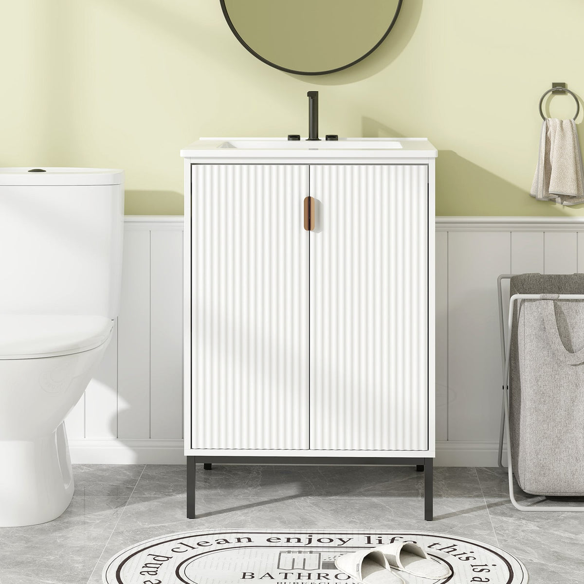24" Bathroom Vanity with Ceramic Sink Combo - White Modern Cabinet-Floor Cabinets-DECOROLALA
