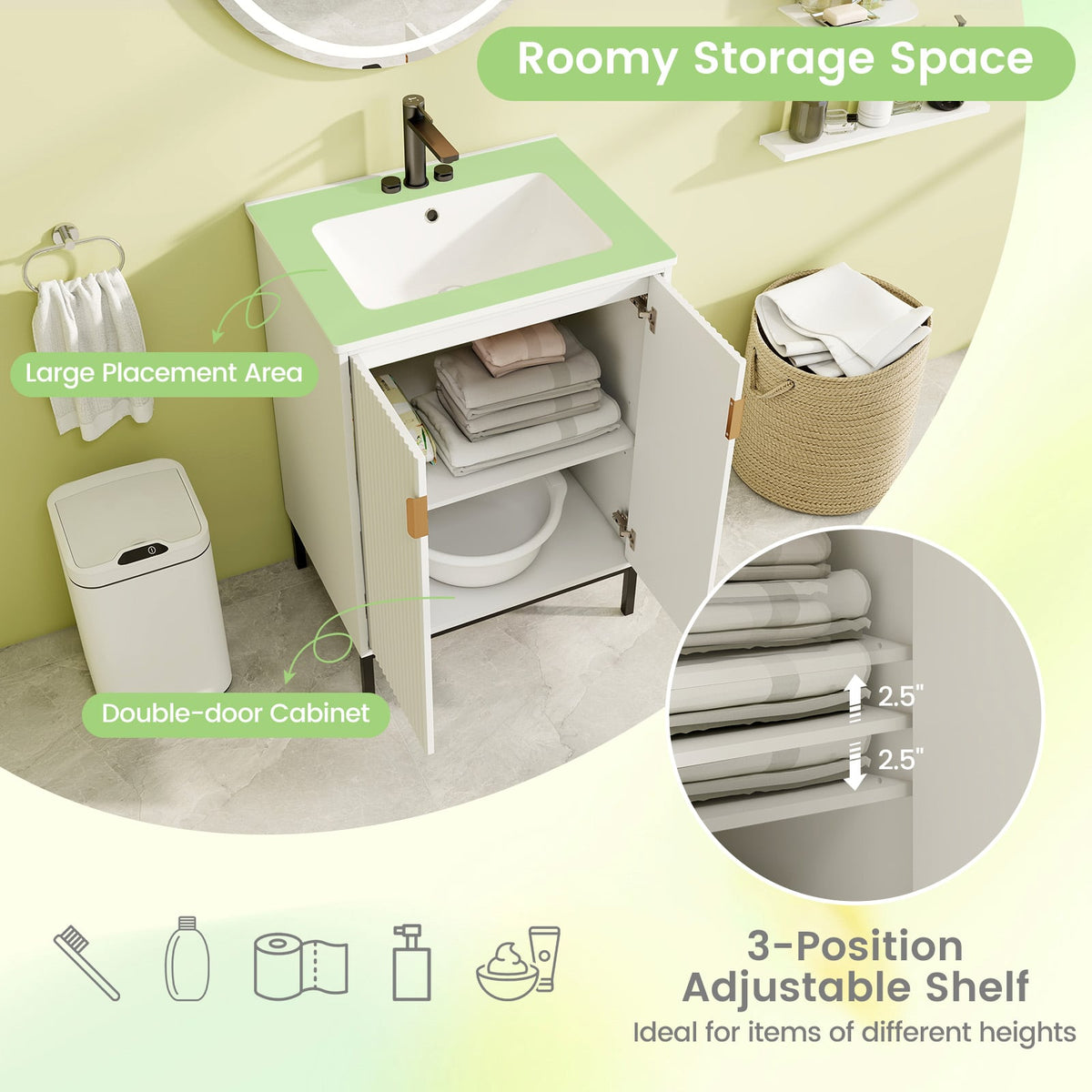 24" Bathroom Vanity with Ceramic Sink Combo - White Modern Cabinet-Floor Cabinets-DECOROLALA