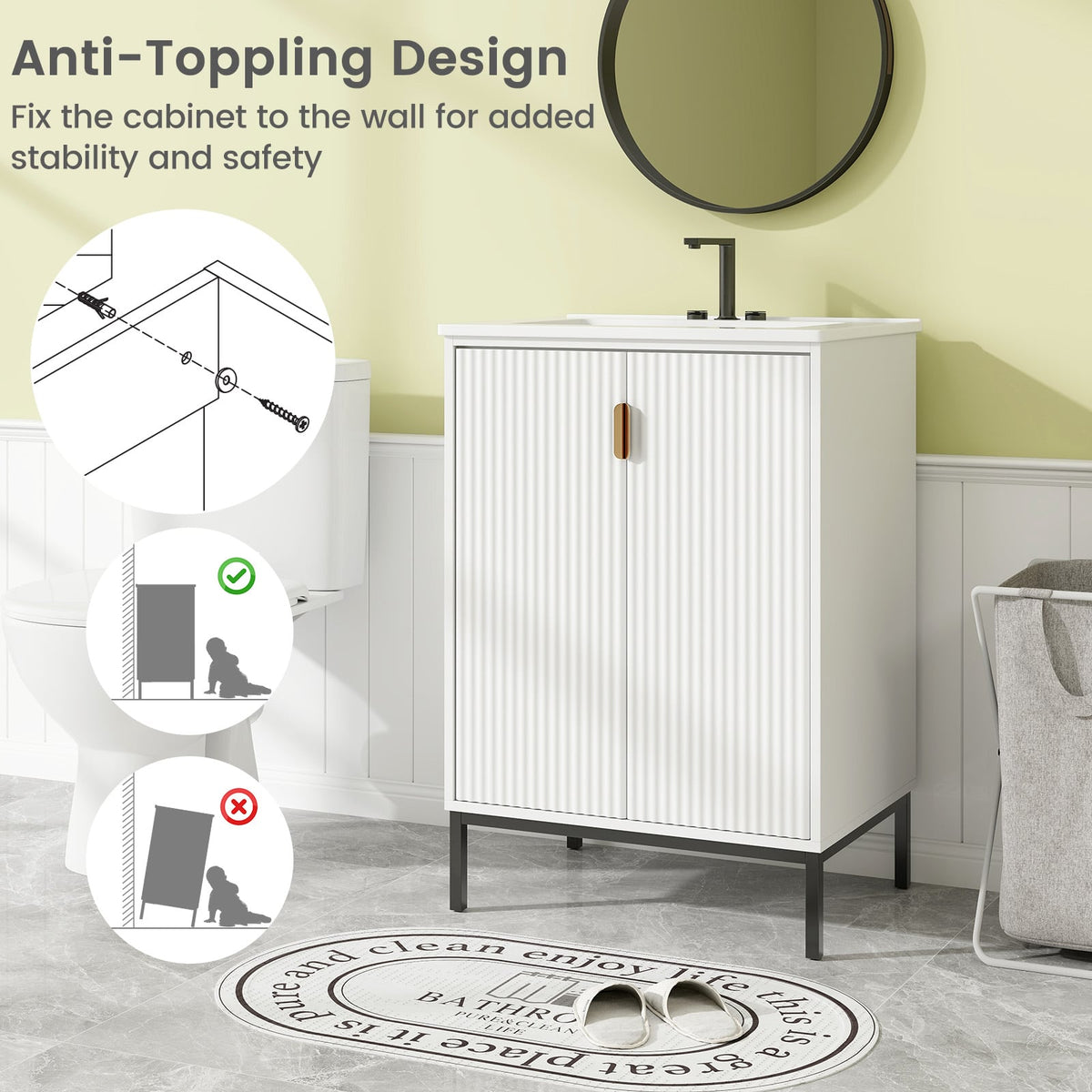 24" Bathroom Vanity with Ceramic Sink Combo - White Modern Cabinet-Floor Cabinets-DECOROLALA