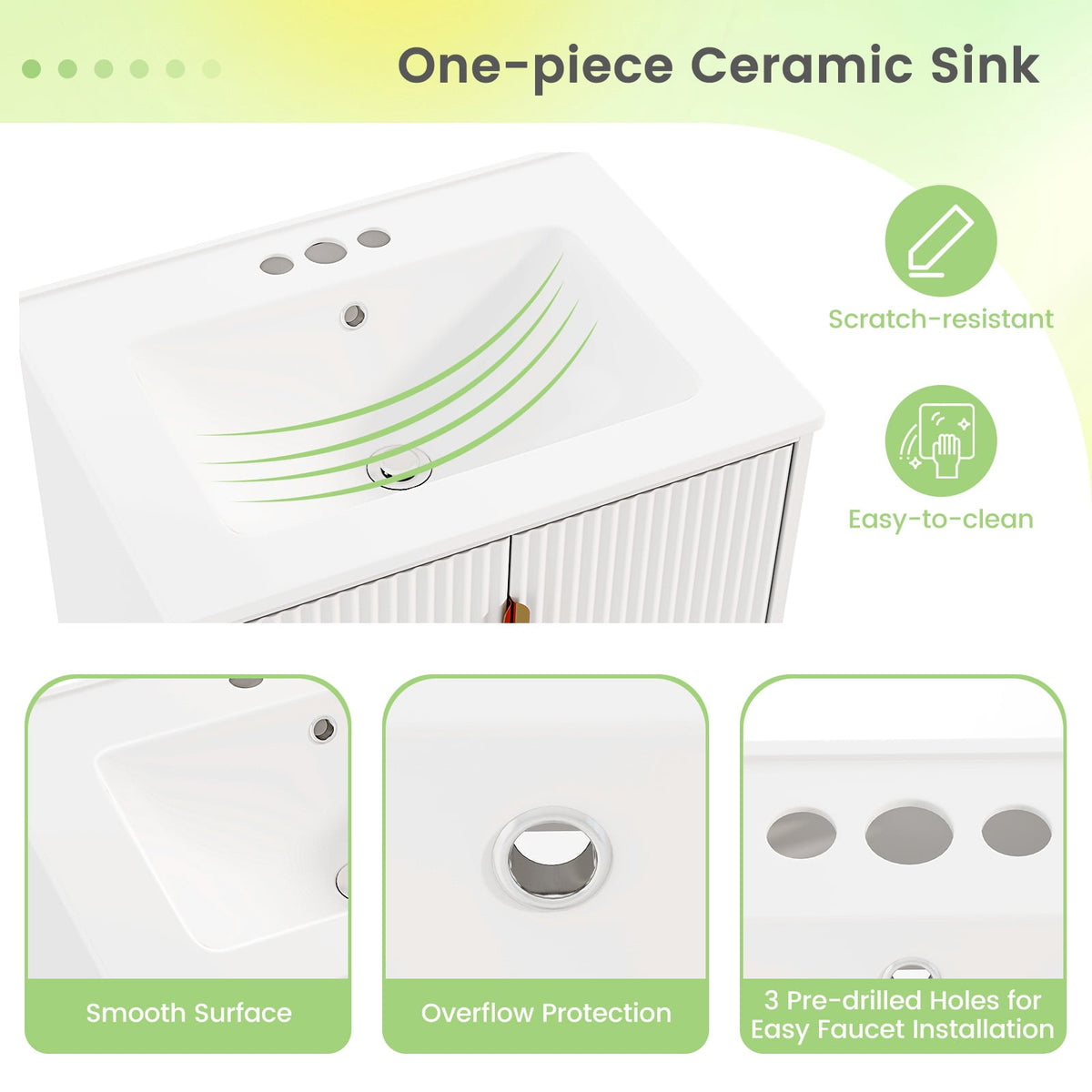 24" Bathroom Vanity with Ceramic Sink Combo - White Modern Cabinet-Floor Cabinets-DECOROLALA