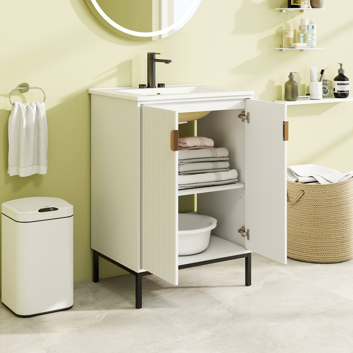 24" Bathroom Vanity with Ceramic Sink Combo - White Modern Cabinet-Floor Cabinets-DECOROLALA
