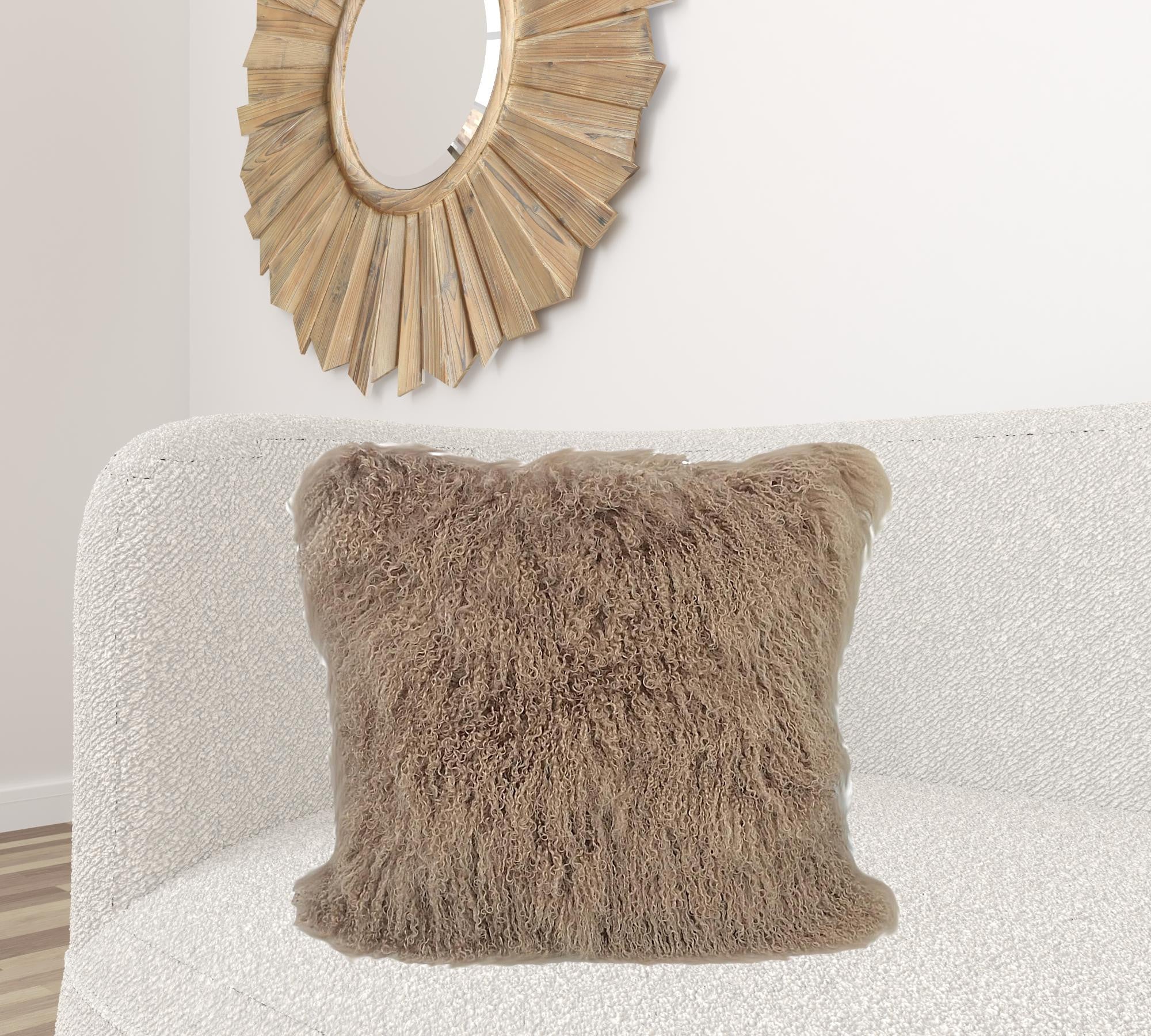 24" Beige Genuine Tibetan Lamb Fur Pillow With Microsuede Backing-Accent Throw Pillows-DECOROLALA