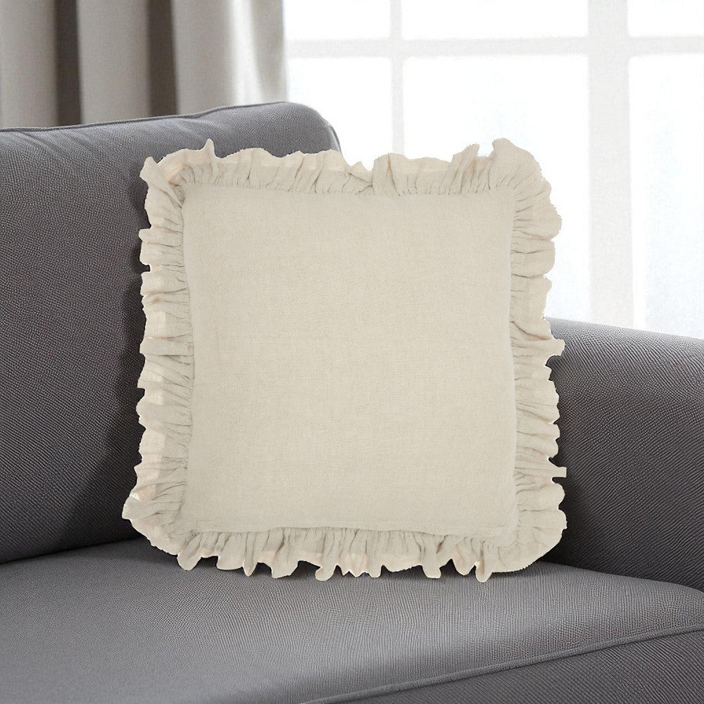 24" Beige Pillow With Ruffled Edges-Accent Throw Pillows-DECOROLALA
