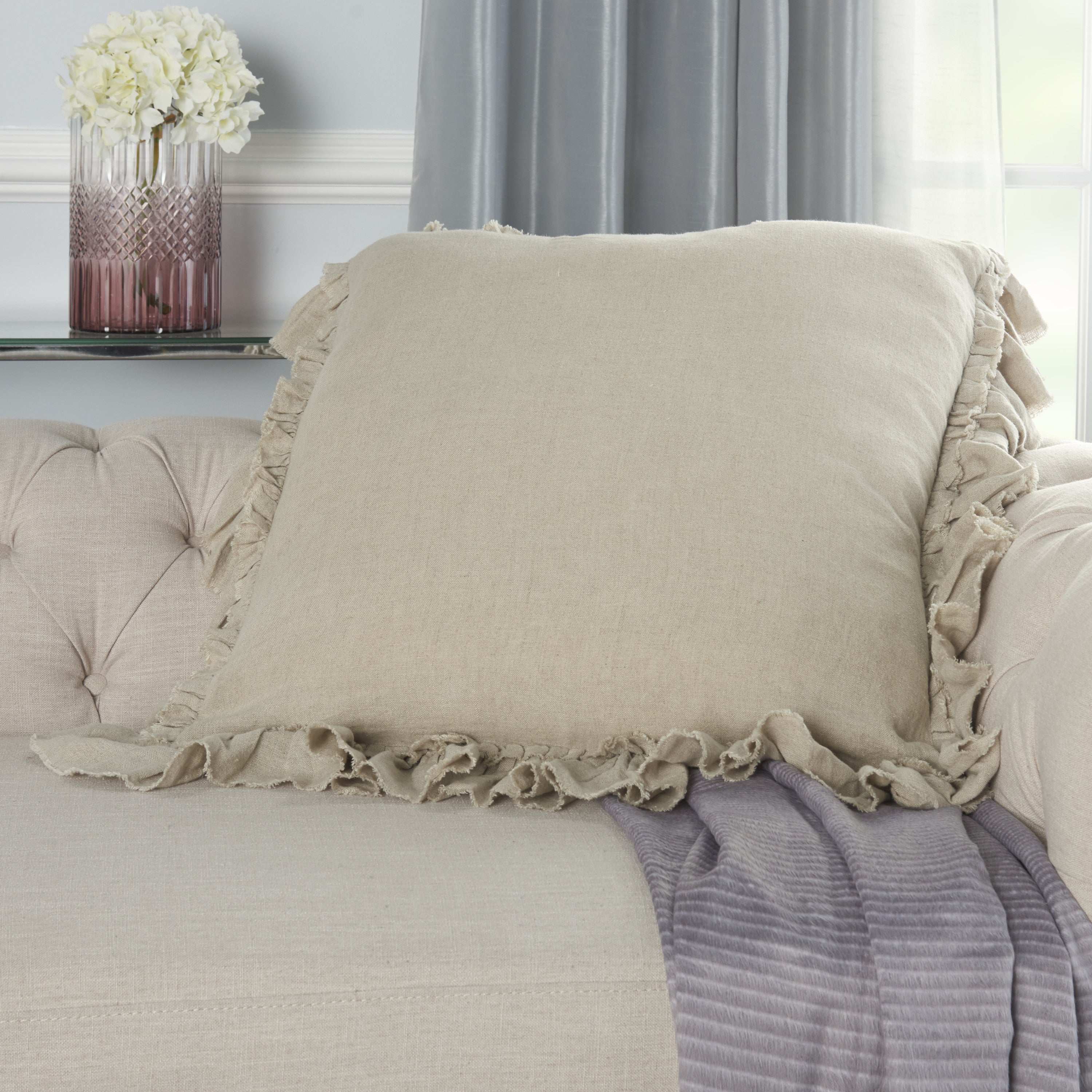 24" Beige Pillow With Ruffled Edges-Accent Throw Pillows-DECOROLALA