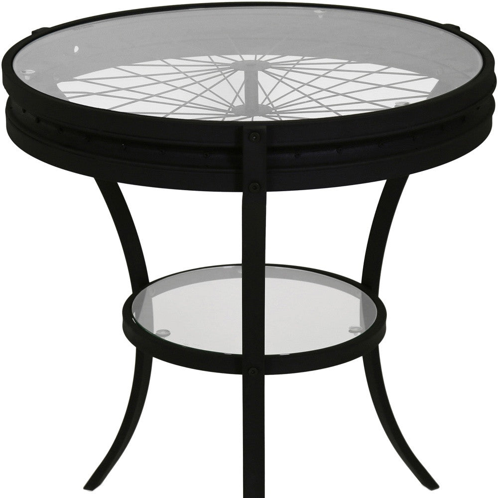 24" Black And Clear Glass And Metal Round End Table With Shelf-End-Side Tables-DECOROLALA