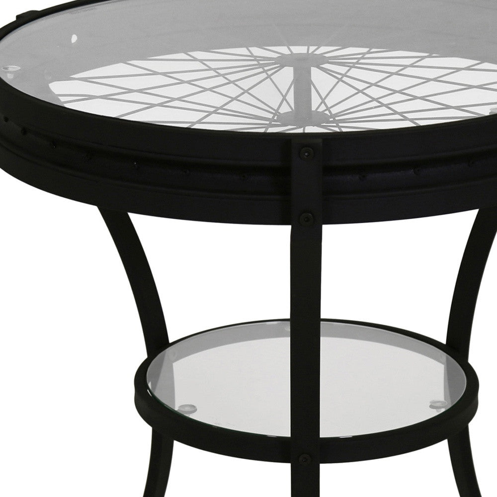 24" Black And Clear Glass And Metal Round End Table With Shelf-End-Side Tables-DECOROLALA