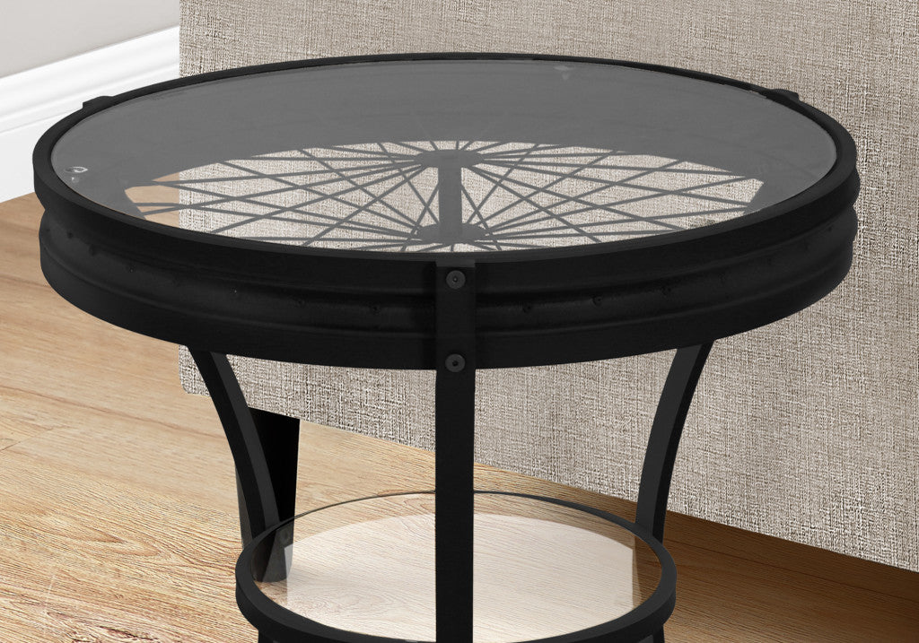 24" Black And Clear Glass And Metal Round End Table With Shelf-End-Side Tables-DECOROLALA