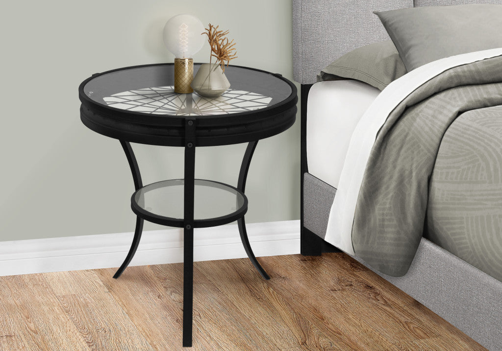24" Black And Clear Glass And Metal Round End Table With Shelf-End-Side Tables-DECOROLALA