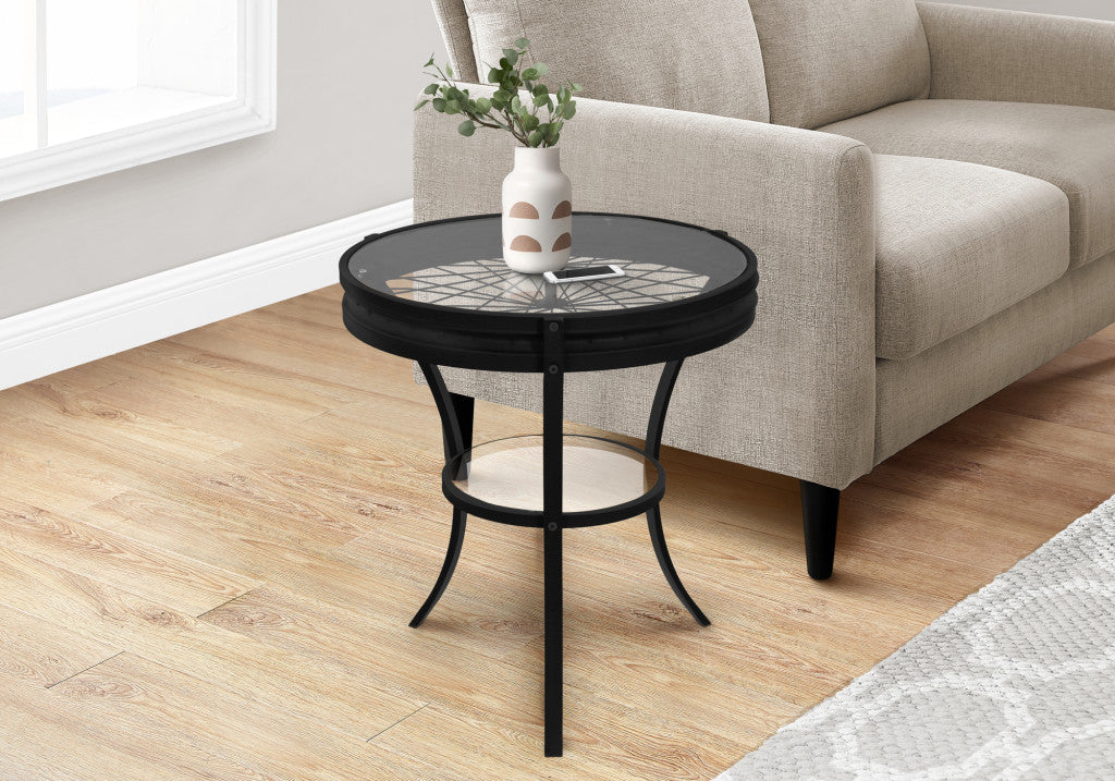 24" Black And Clear Glass And Metal Round End Table With Shelf-End-Side Tables-DECOROLALA