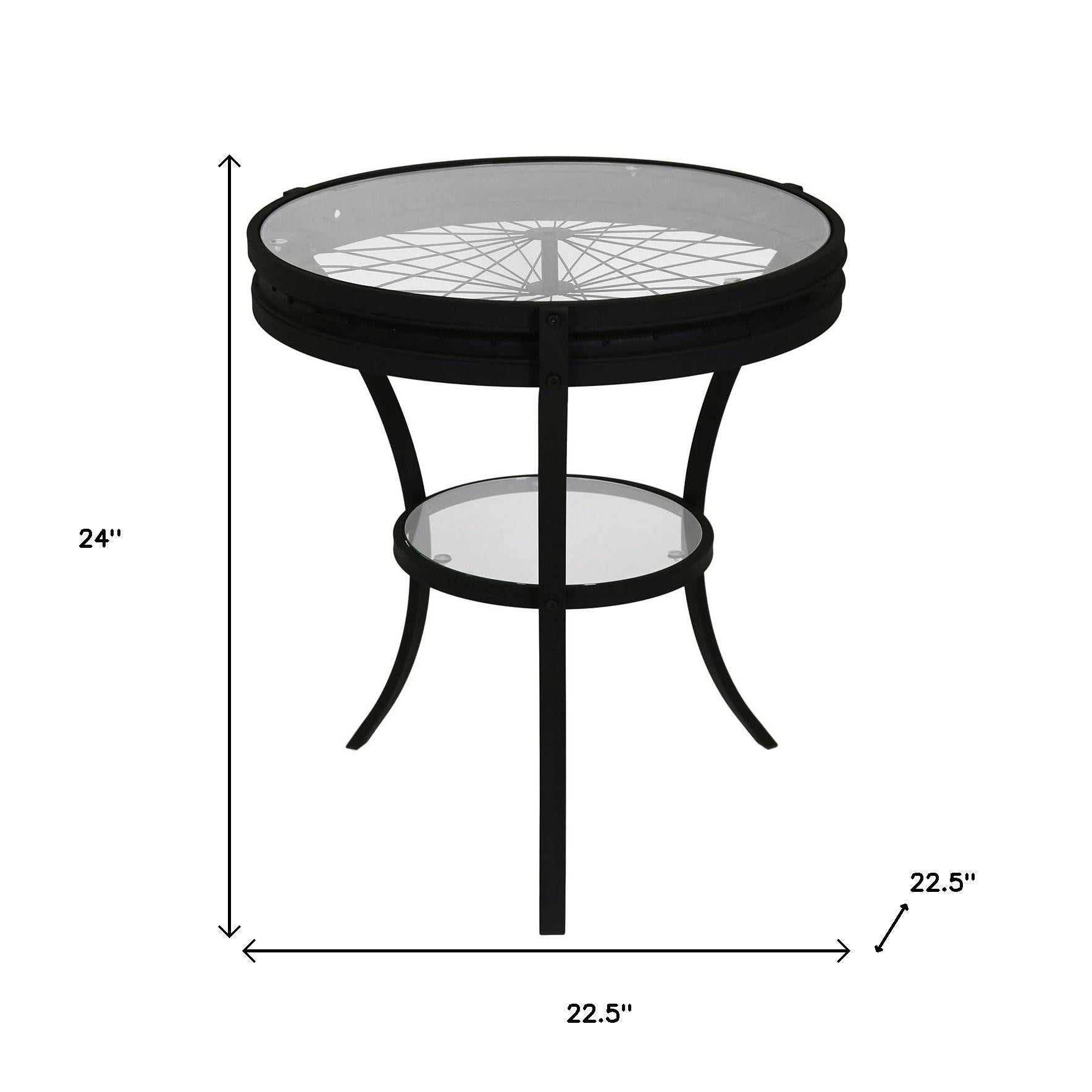 24" Black And Clear Glass And Metal Round End Table With Shelf-End-Side Tables-DECOROLALA