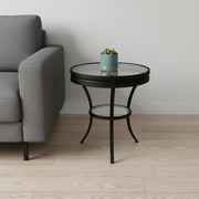 24" Black And Clear Glass And Metal Round End Table With Shelf-End-Side Tables-DECOROLALA