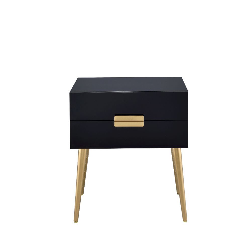 24" Black And Gold Wood And Iron End Table With Two Drawers-End-Side Tables-DECOROLALA