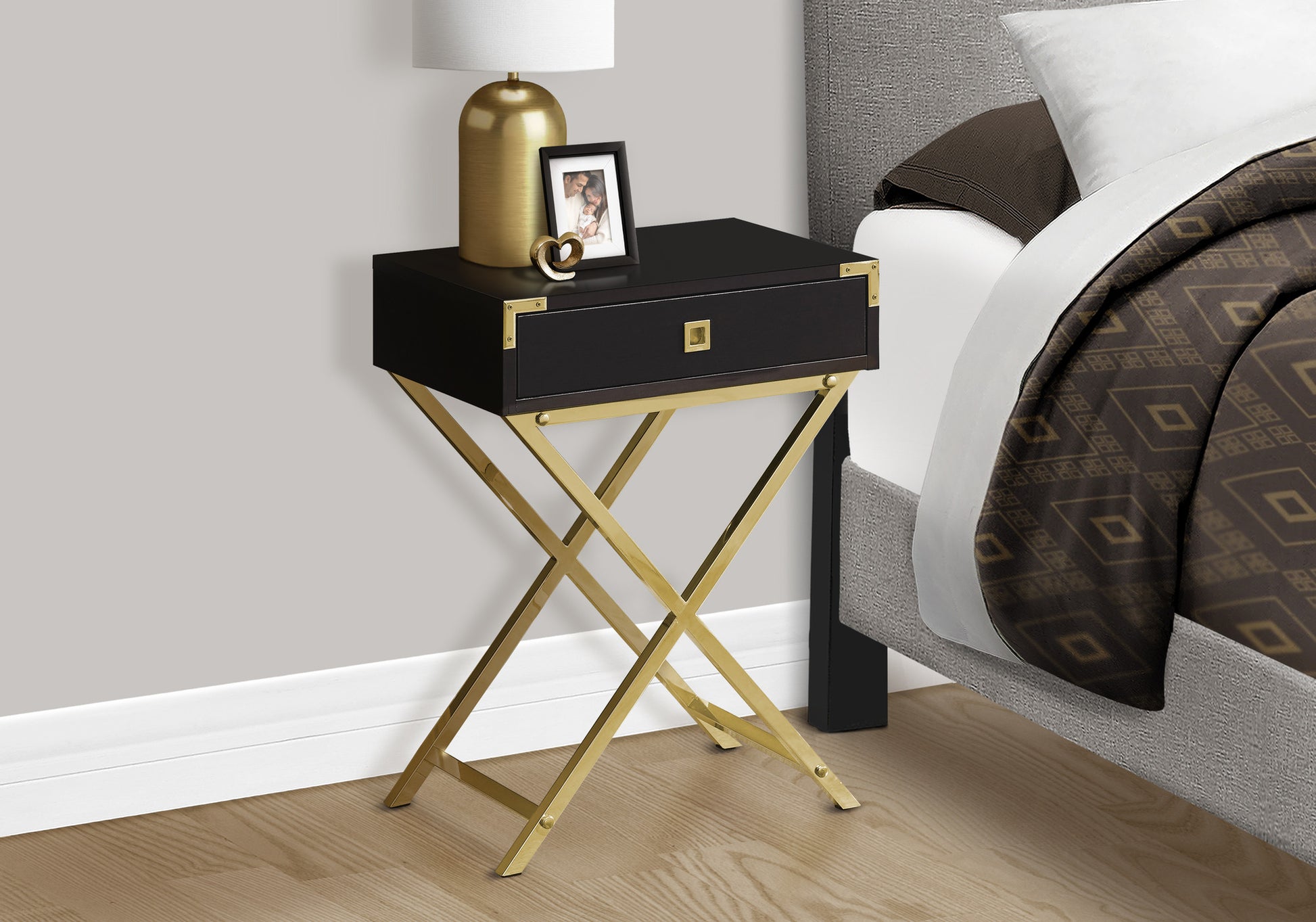 24" Black And Gray Wood And Metal End Table With Drawer-End-Side Tables-DECOROLALA