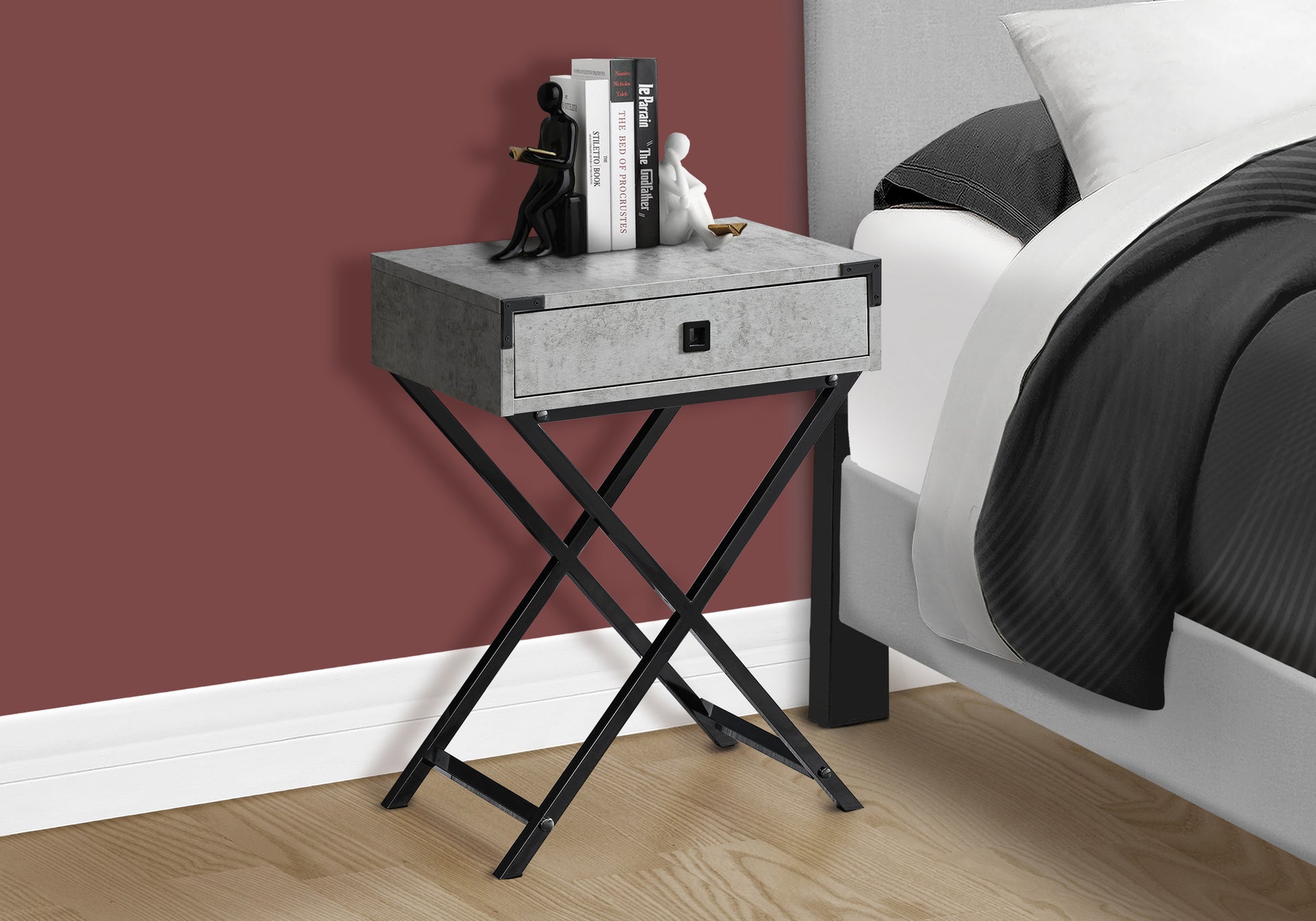 24" Black And Gray Wood And Metal End Table With Drawer-End-Side Tables-DECOROLALA