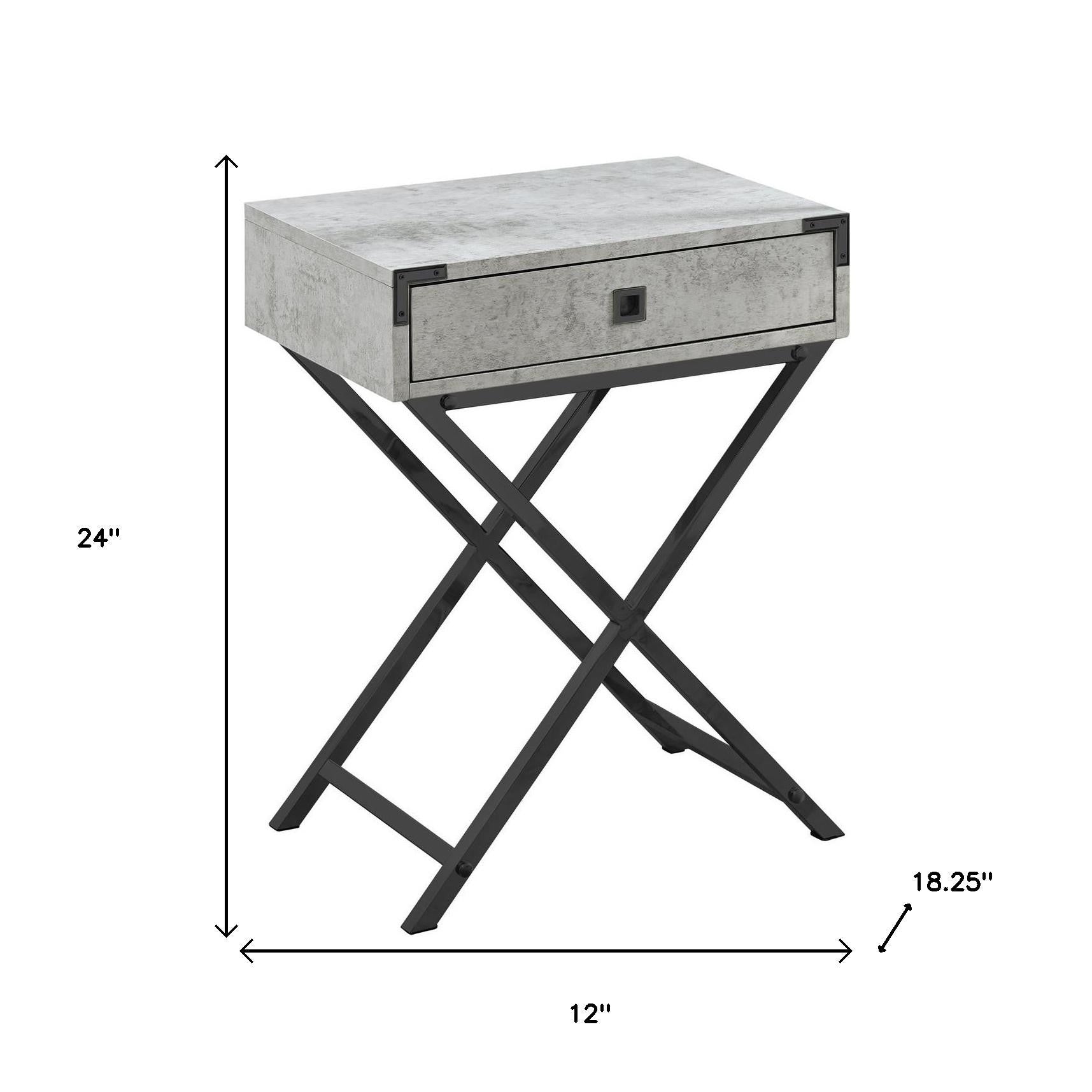 24" Black And Gray Wood And Metal End Table With Drawer-End-Side Tables-DECOROLALA