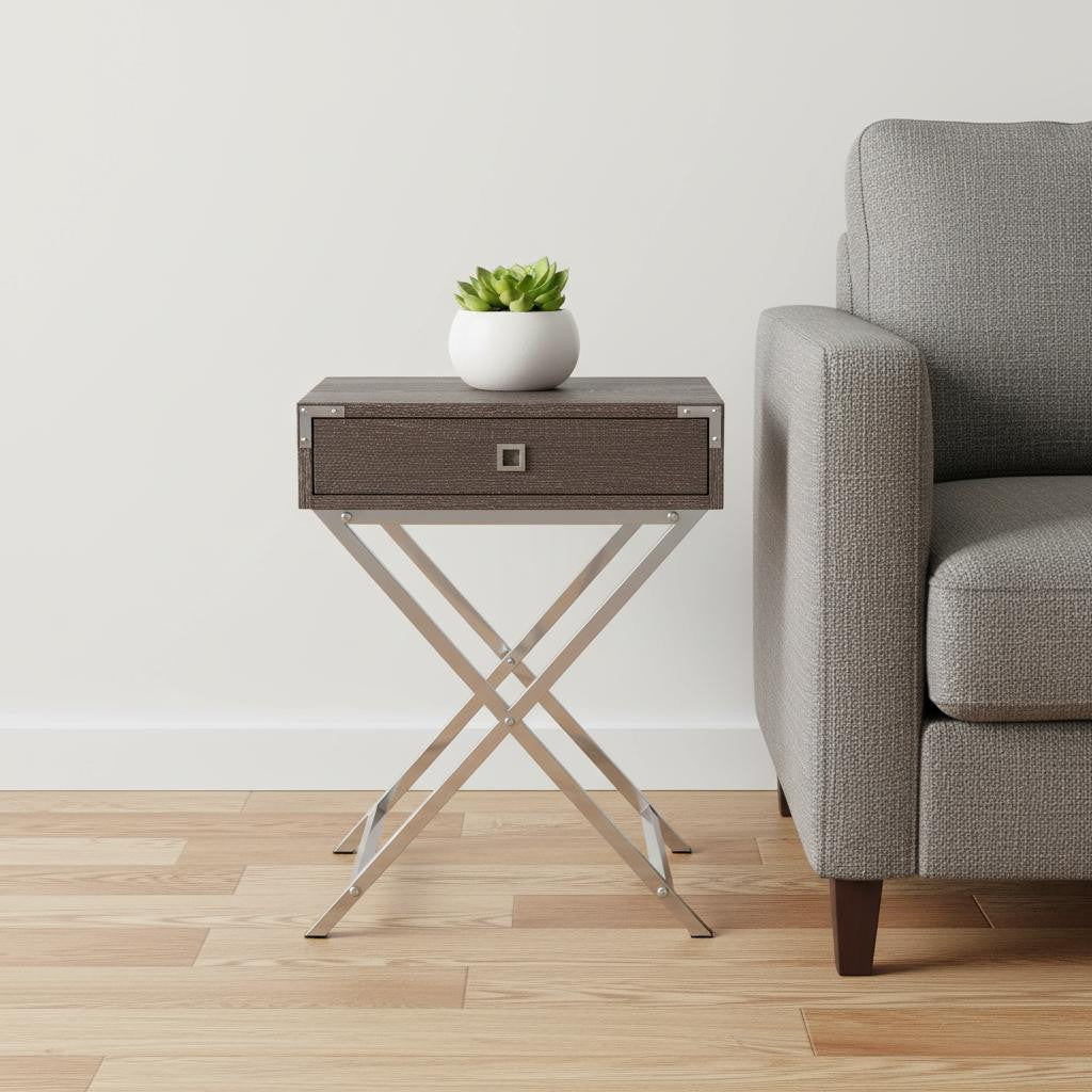 24" Black And Gray Wood And Metal End Table With Drawer-End-Side Tables-DECOROLALA