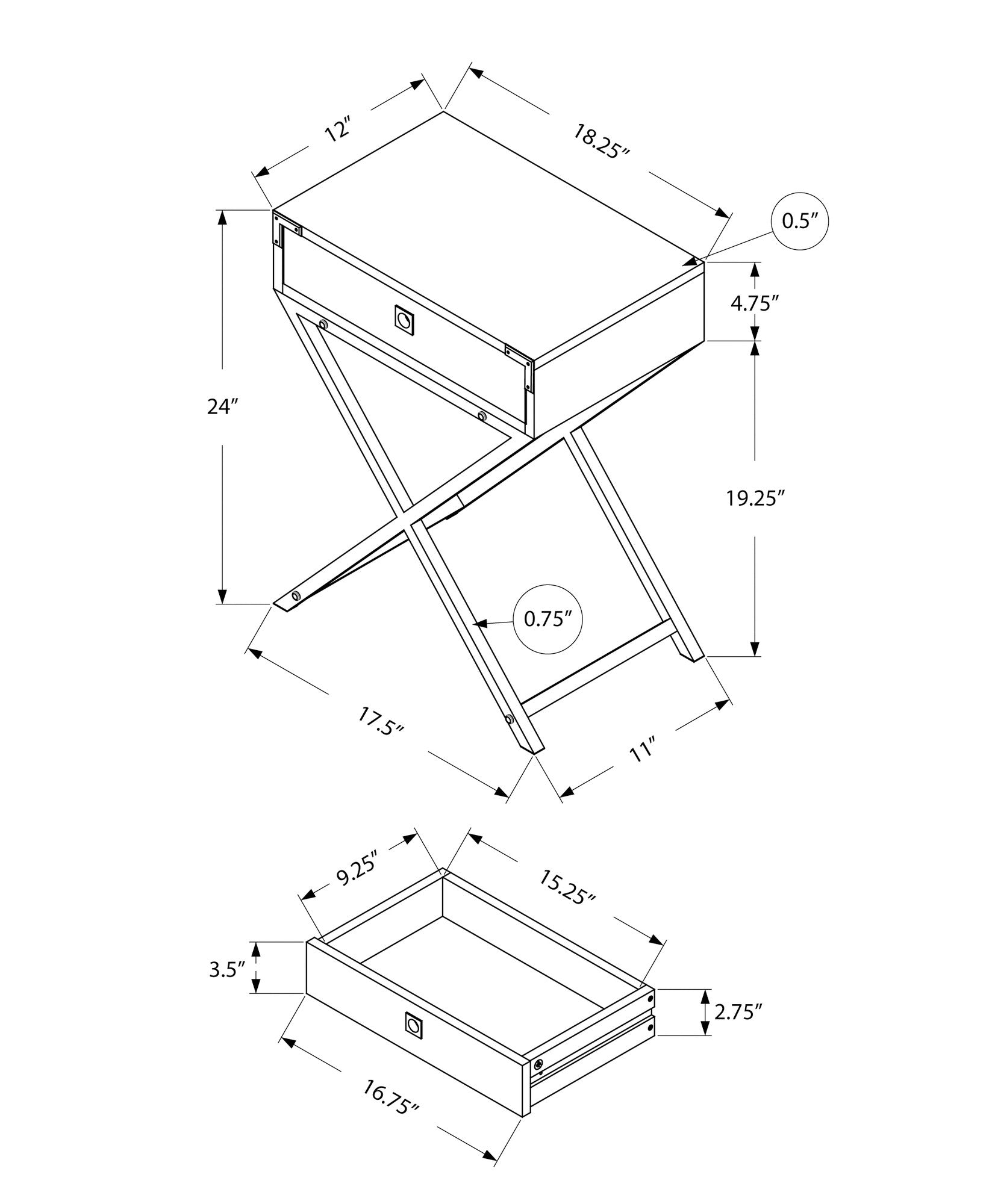 24" Black And Gray Wood And Metal End Table With Drawer-End-Side Tables-DECOROLALA
