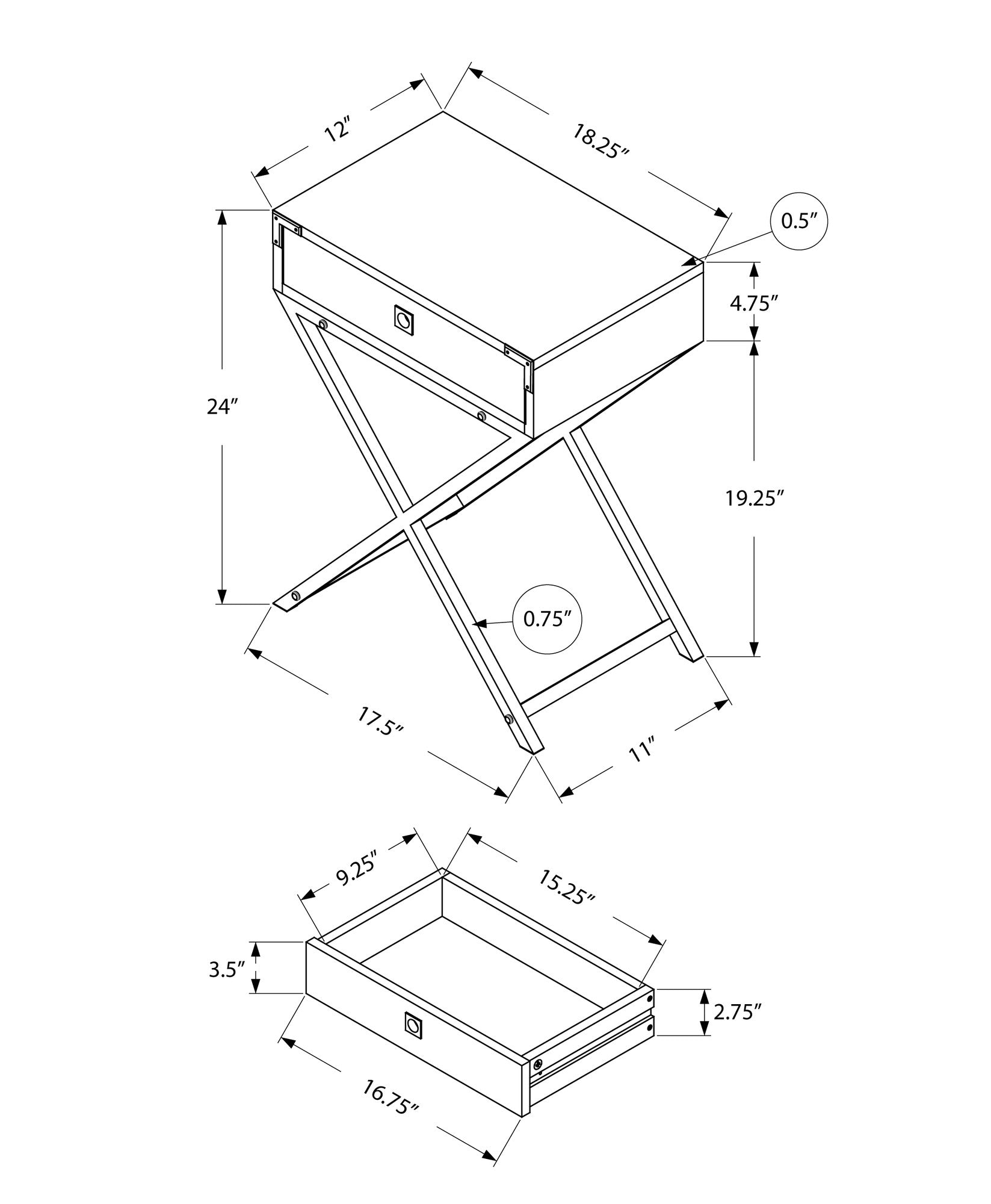 24" Black And Gray Wood And Metal End Table With Drawer-End-Side Tables-DECOROLALA