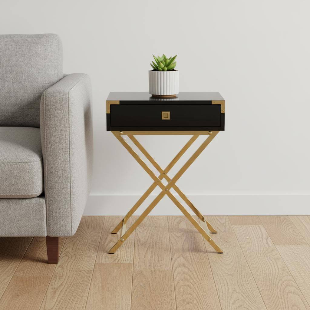 24" Black And Gray Wood And Metal End Table With Drawer-End-Side Tables-DECOROLALA