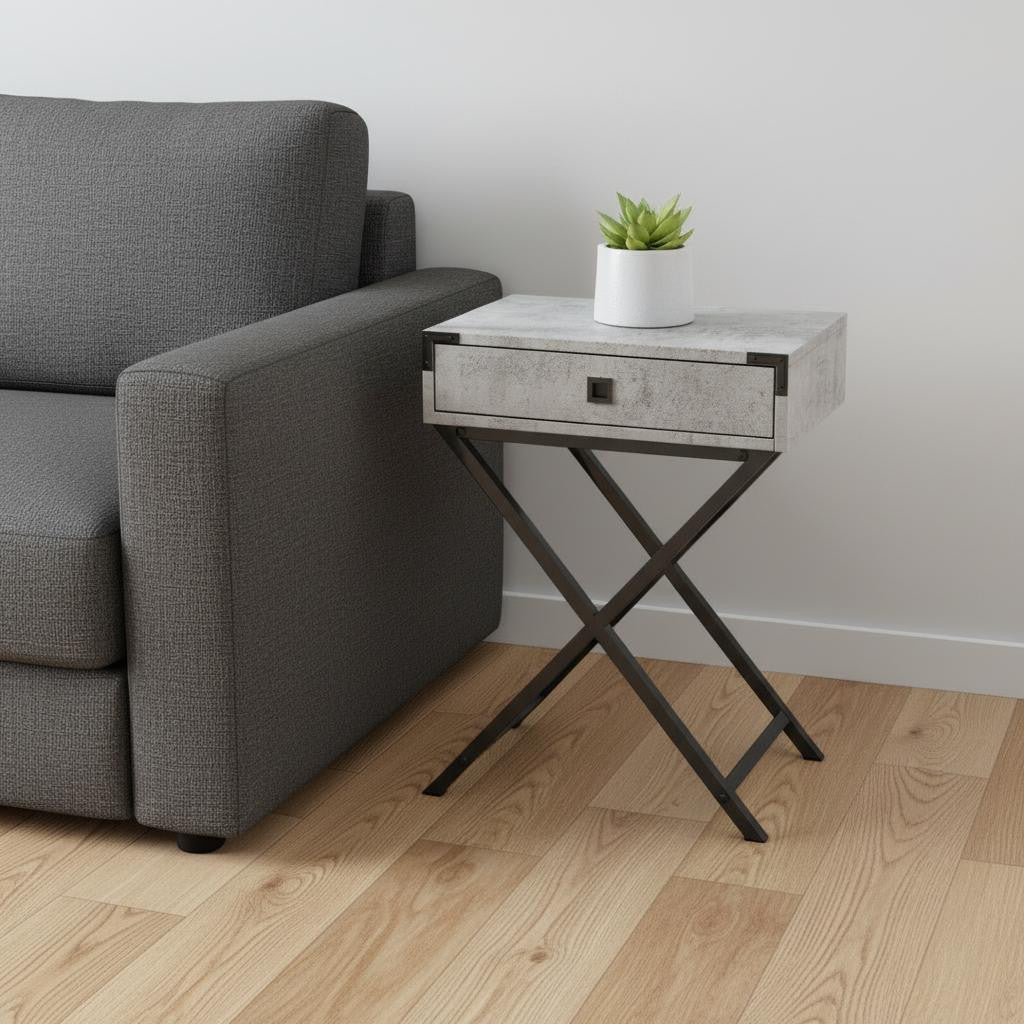 24" Black And Gray Wood And Metal End Table With Drawer-End-Side Tables-DECOROLALA