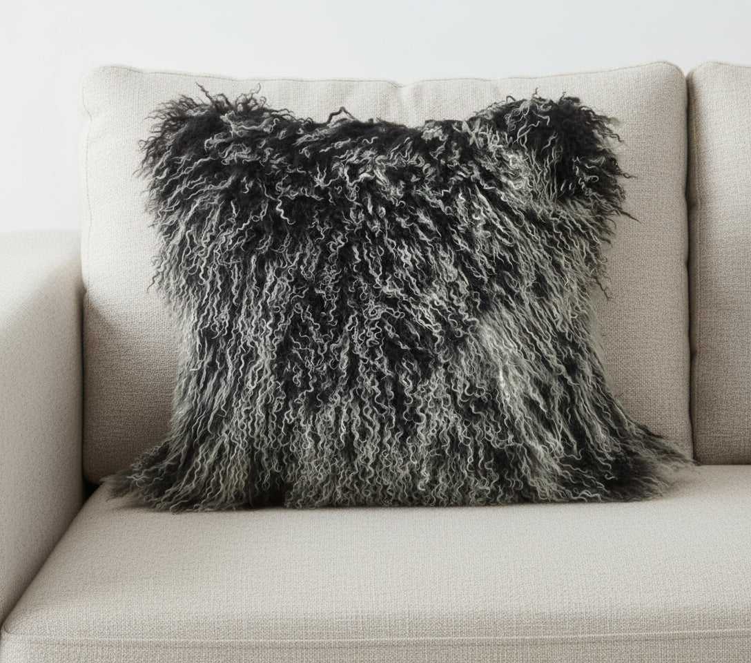 24" Black Genuine Tibetan Lamb Fur Pillow With Microsuede Backing-Accent Throw Pillows-DECOROLALA