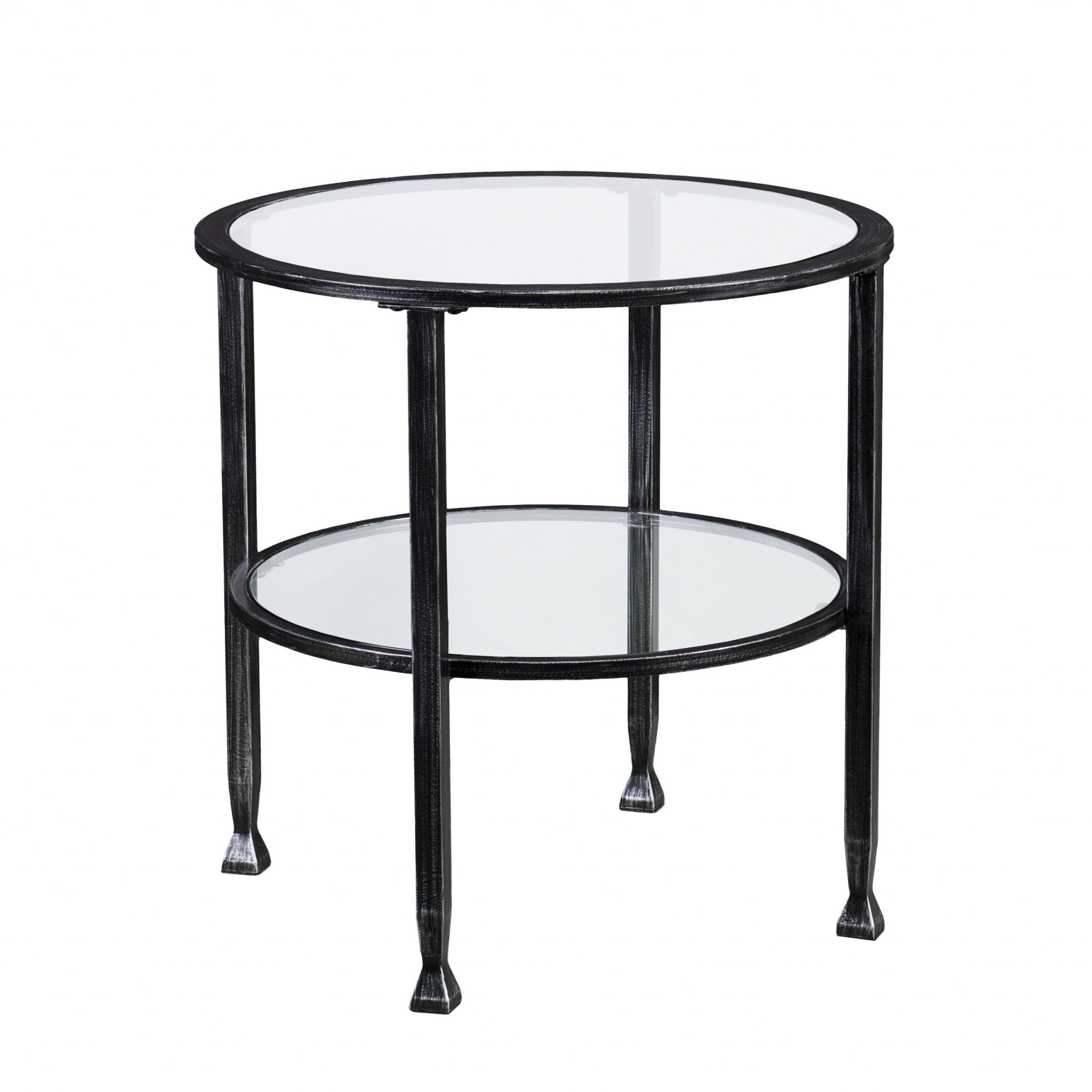24" Black Glass And Iron Round End Table-End-Side Tables-DECOROLALA