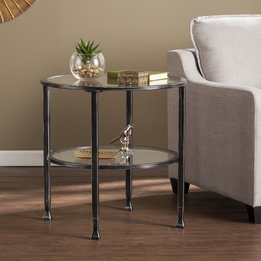 24" Black Glass And Iron Round End Table-End-Side Tables-DECOROLALA