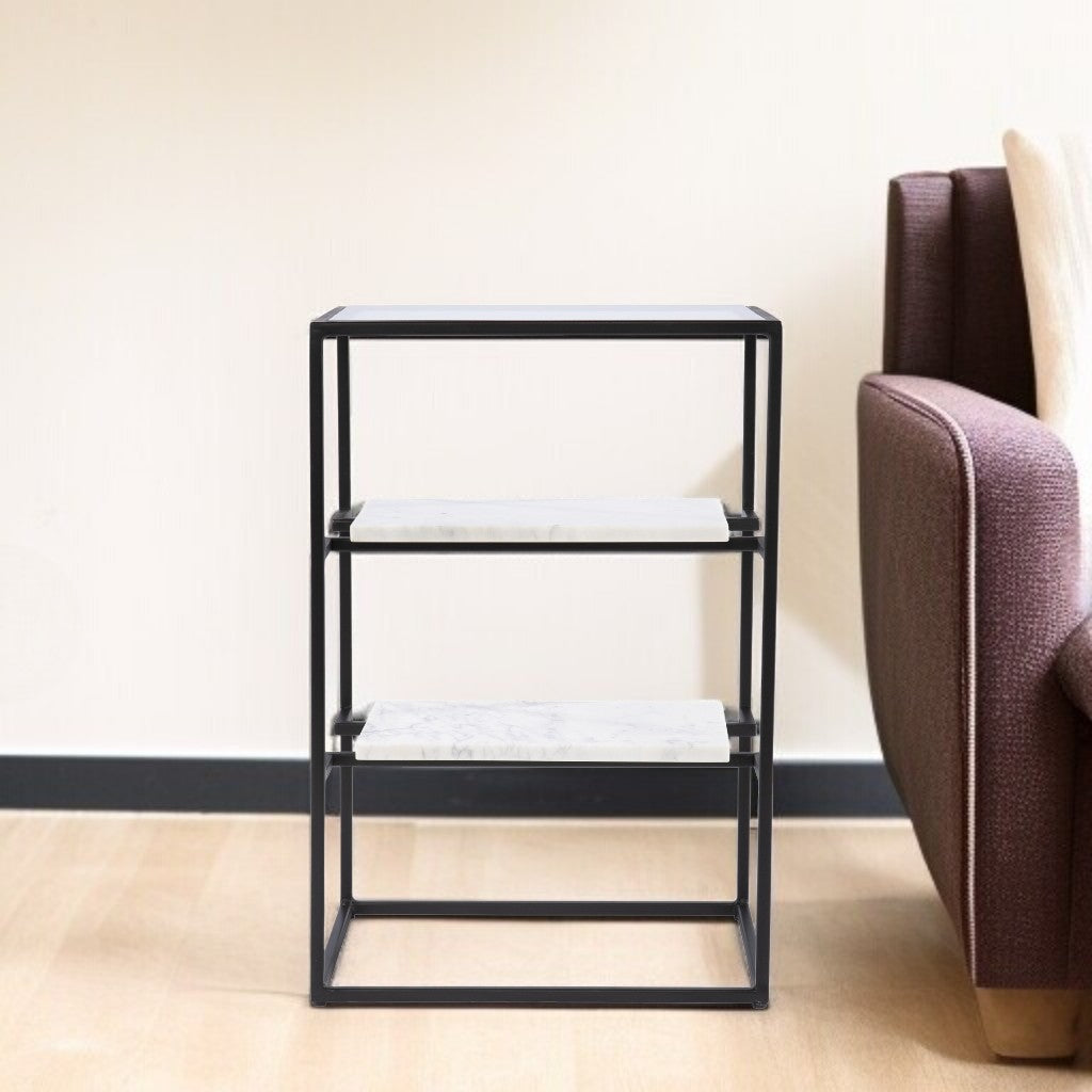 24" Black Glass and Marble Rectangular End Table With Two Shelves-End-Side Tables-DECOROLALA
