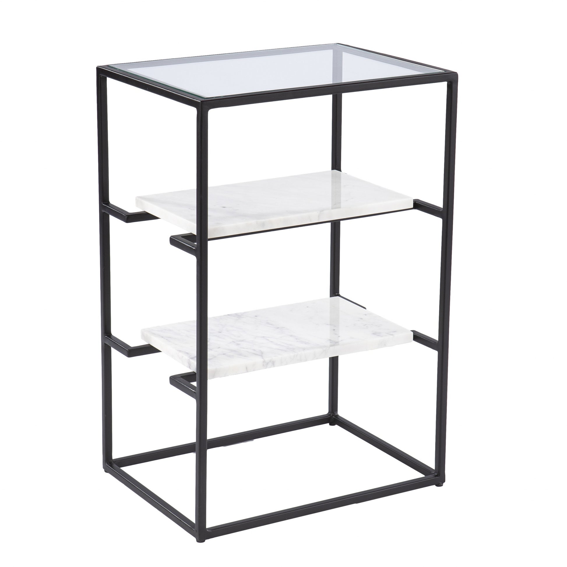 24" Black Glass and Marble Rectangular End Table With Two Shelves-End-Side Tables-DECOROLALA