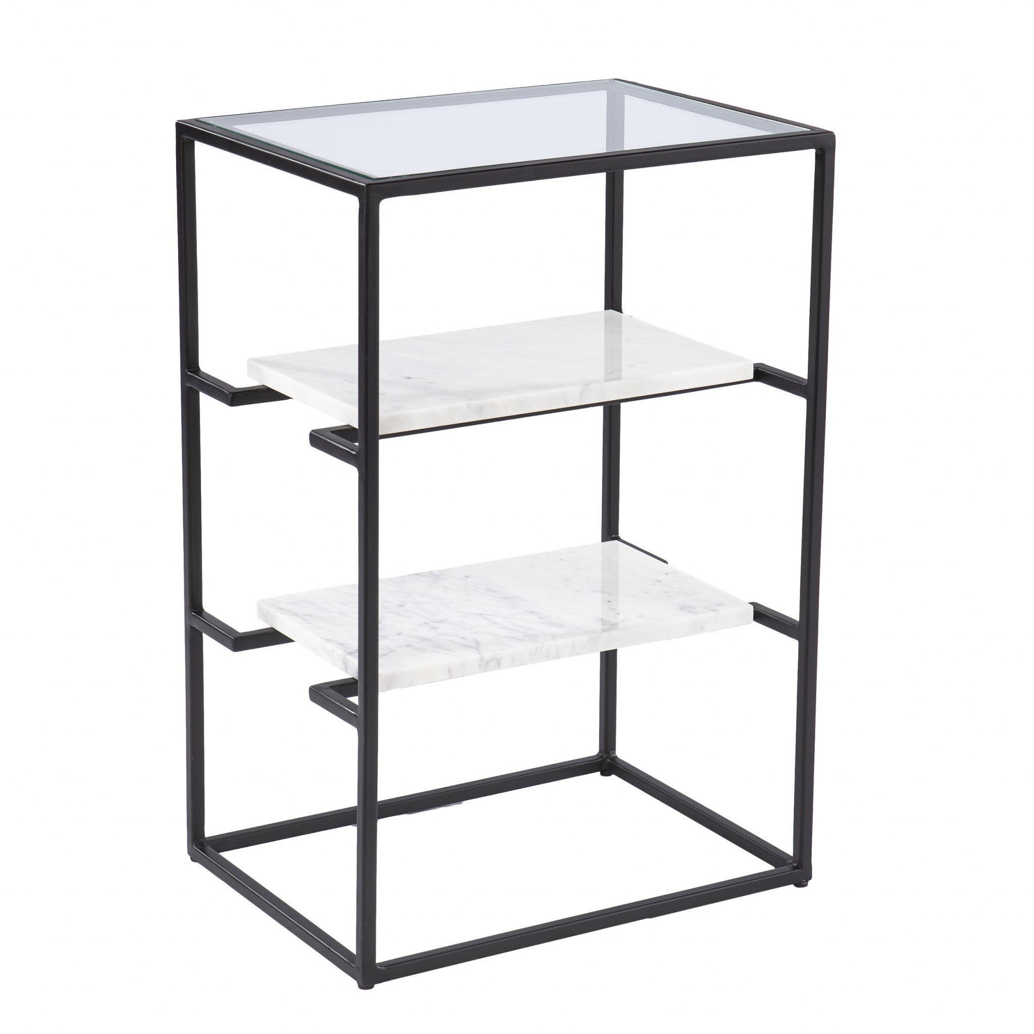 24" Black Glass and Marble Rectangular End Table With Two Shelves-End-Side Tables-DECOROLALA