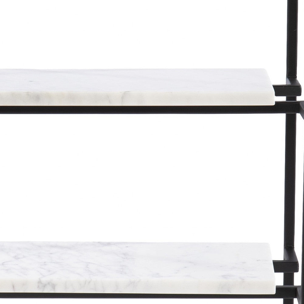 24" Black Glass and Marble Rectangular End Table With Two Shelves-End-Side Tables-DECOROLALA