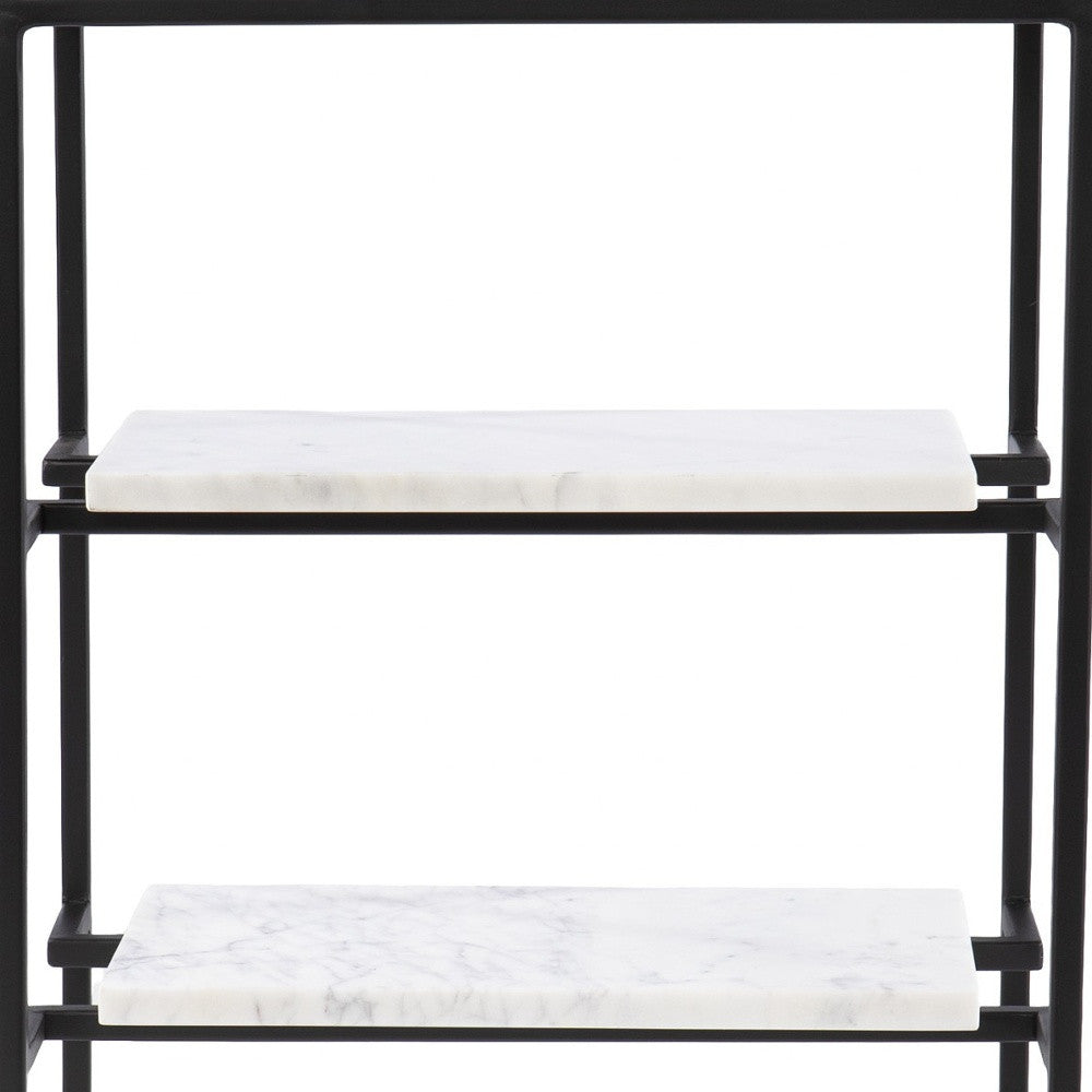 24" Black Glass and Marble Rectangular End Table With Two Shelves-End-Side Tables-DECOROLALA