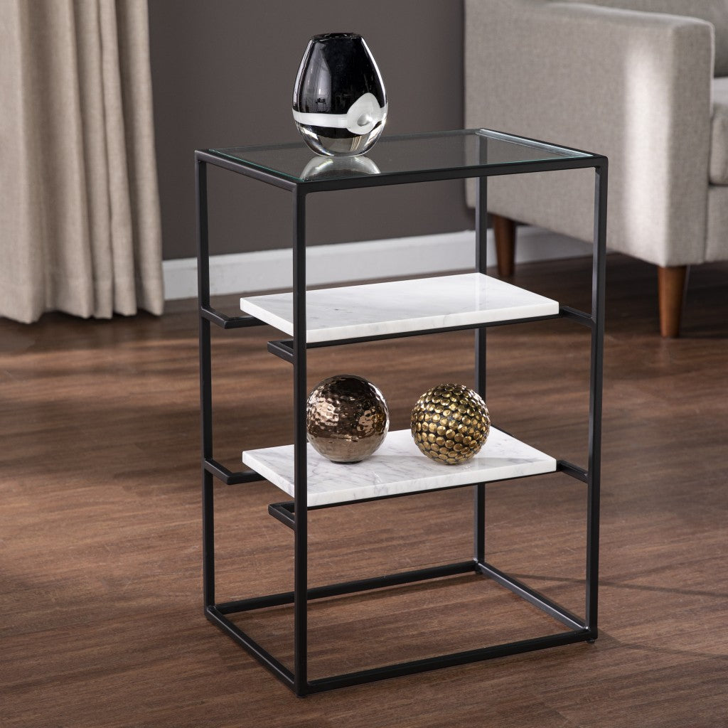 24" Black Glass and Marble Rectangular End Table With Two Shelves-End-Side Tables-DECOROLALA
