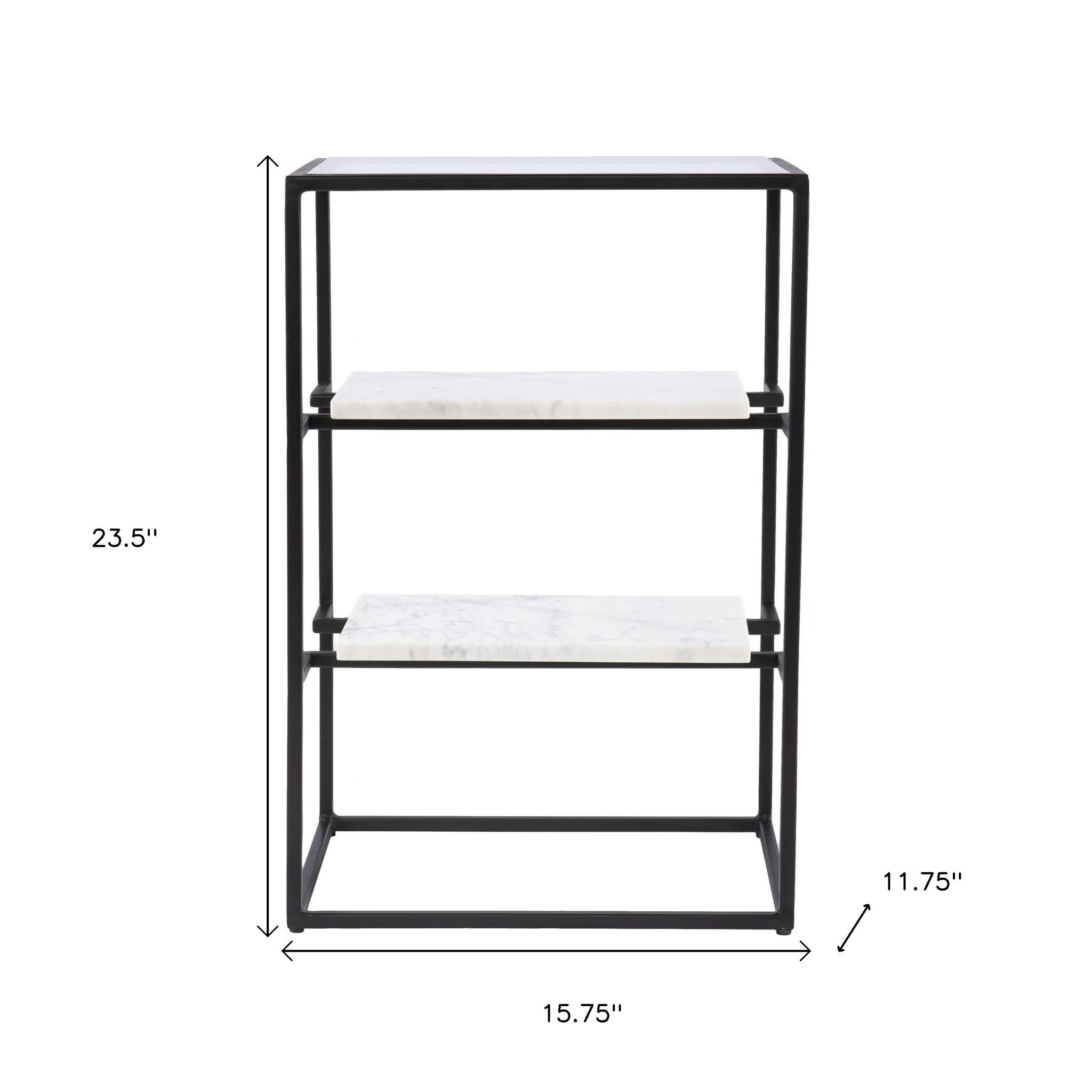 24" Black Glass and Marble Rectangular End Table With Two Shelves-End-Side Tables-DECOROLALA