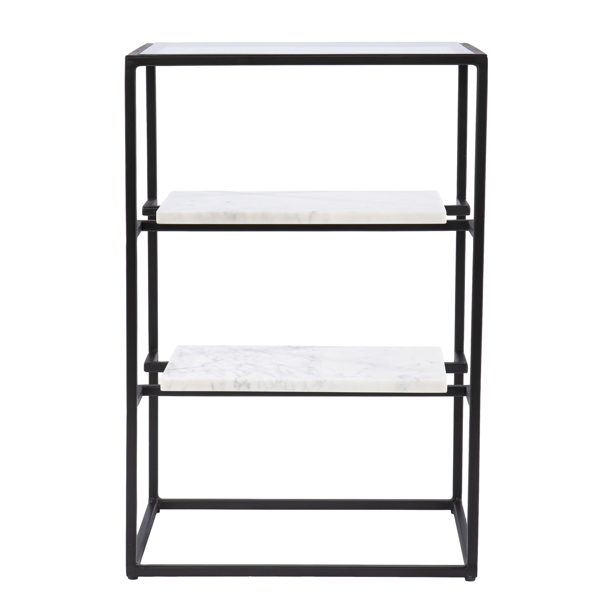 24" Black Glass and Marble Rectangular End Table With Two Shelves-End-Side Tables-DECOROLALA