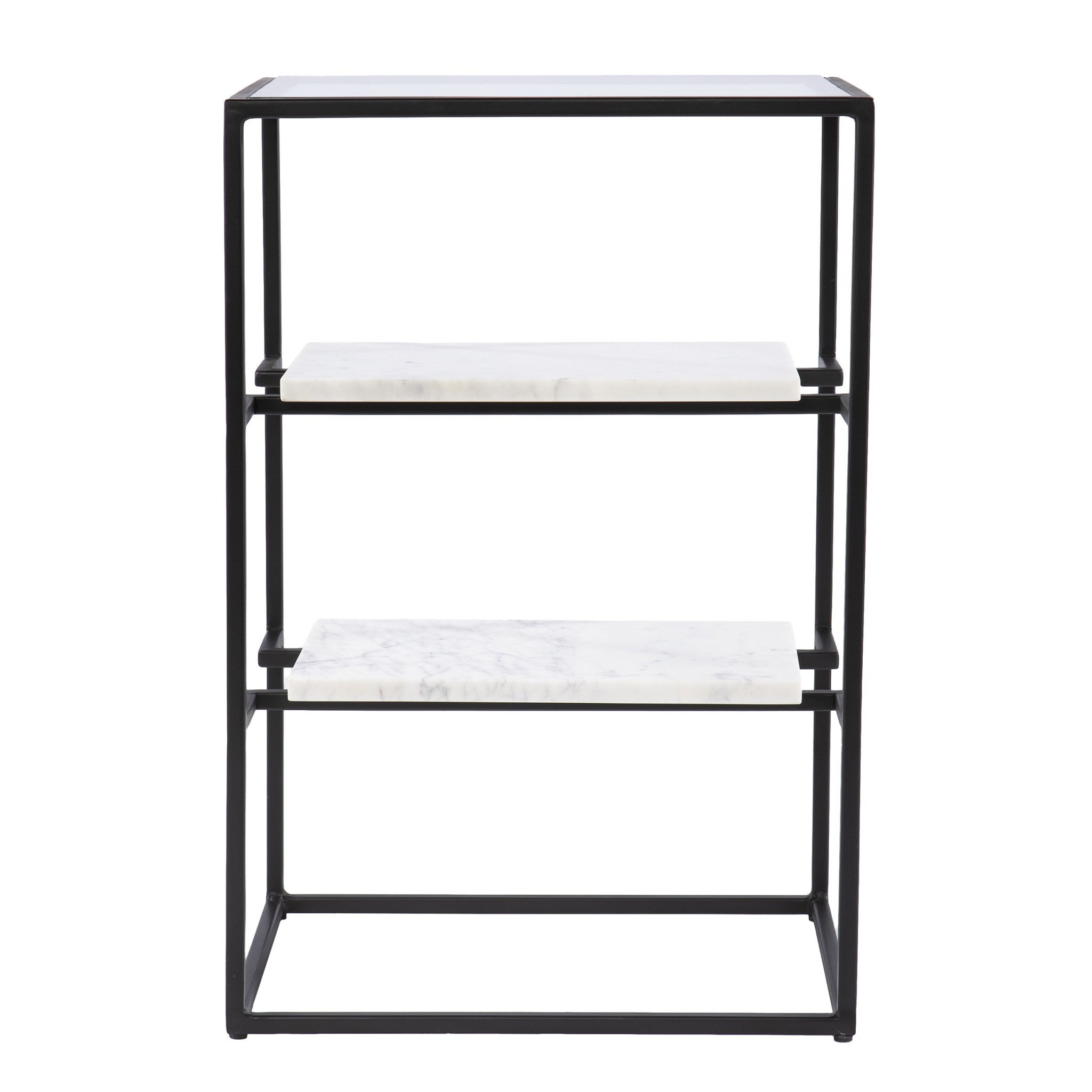 24" Black Glass and Marble Rectangular End Table With Two Shelves-End-Side Tables-DECOROLALA