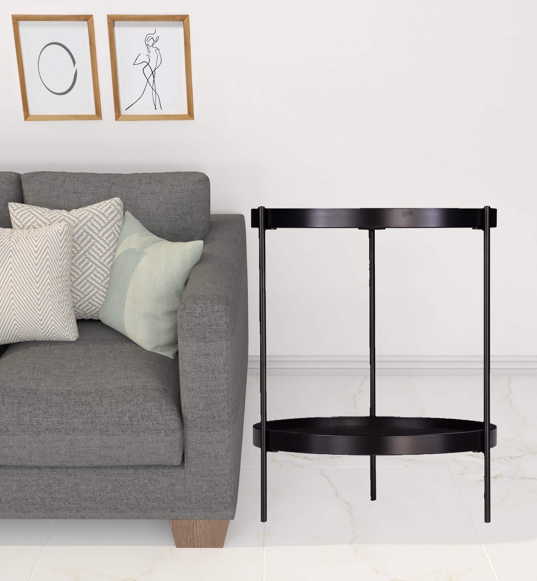 24" Black Manufactured Wood And Iron Round End Table With Shelf-End-Side Tables-DECOROLALA