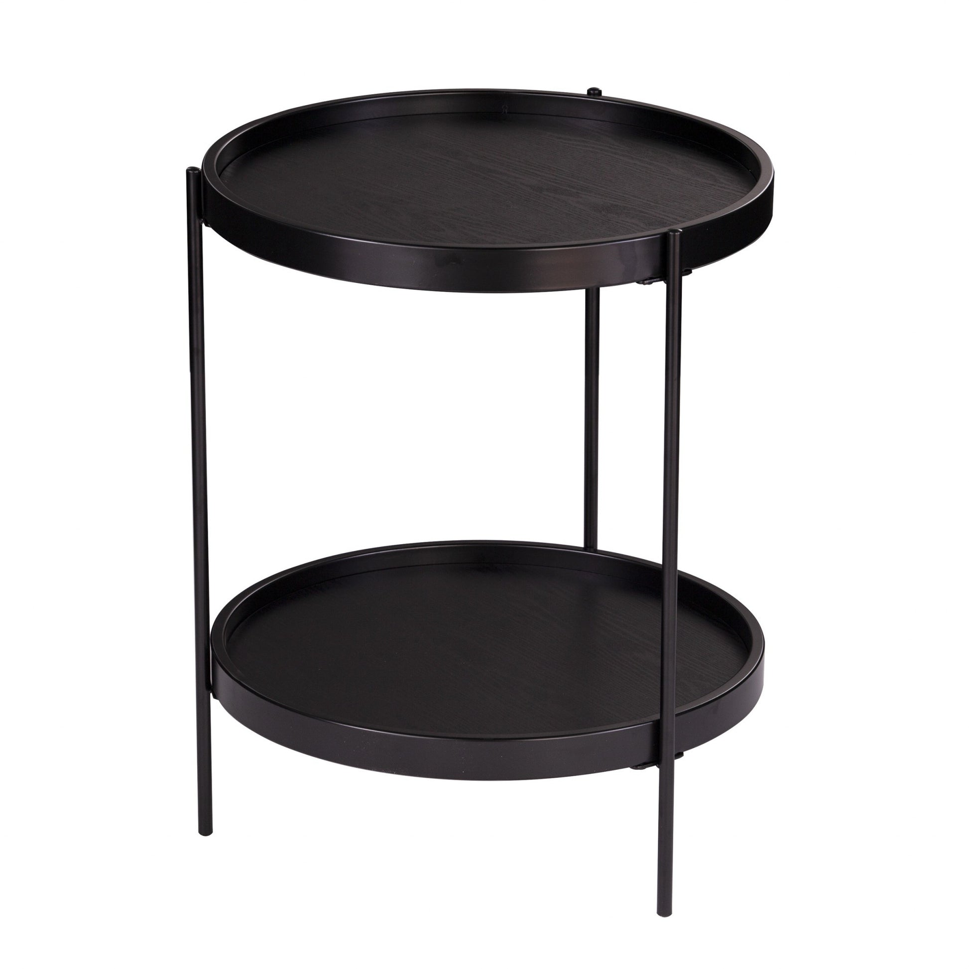 24" Black Manufactured Wood And Iron Round End Table With Shelf-End-Side Tables-DECOROLALA