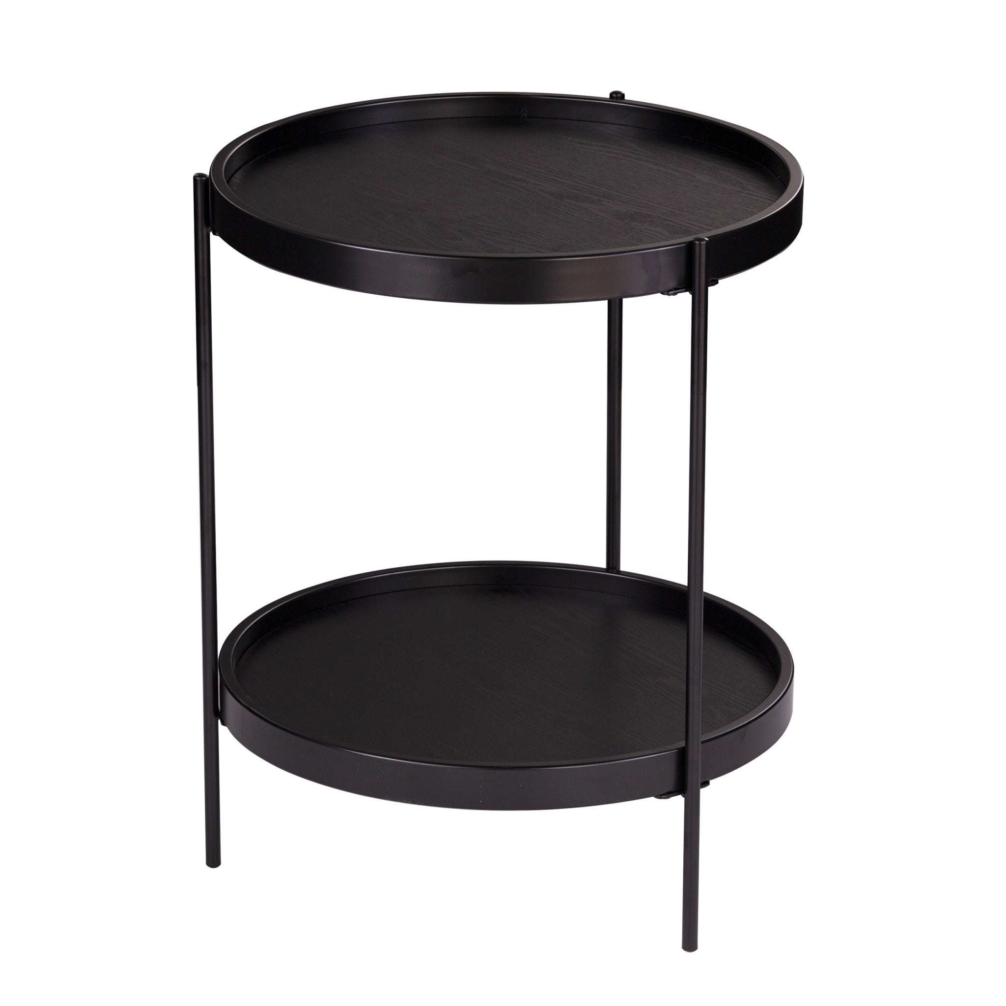 24" Black Manufactured Wood And Iron Round End Table With Shelf-End-Side Tables-DECOROLALA