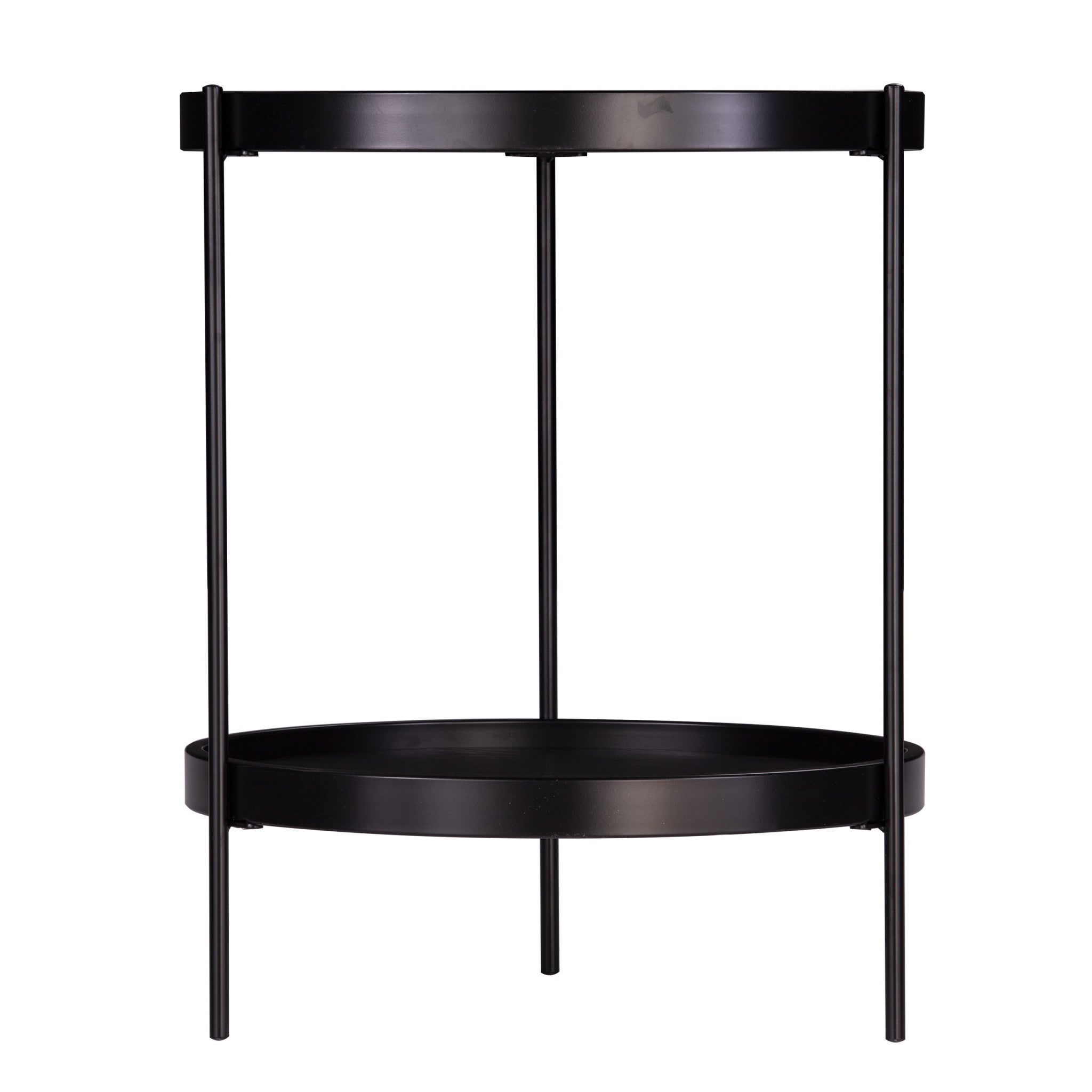 24" Black Manufactured Wood And Iron Round End Table With Shelf-End-Side Tables-DECOROLALA