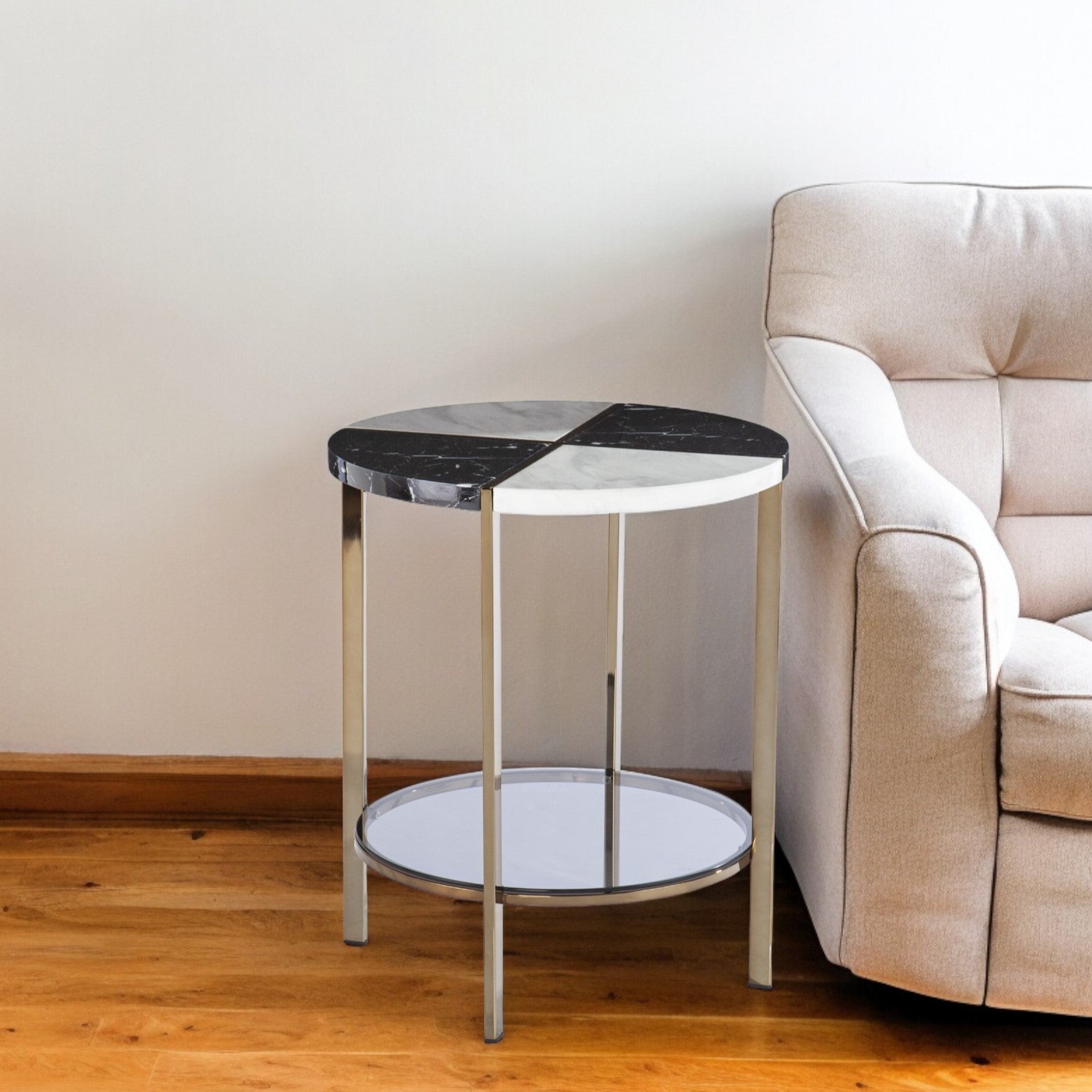 24" Black Manufactured Wood And Iron Round End Table With Two Shelves-End-Side Tables-DECOROLALA