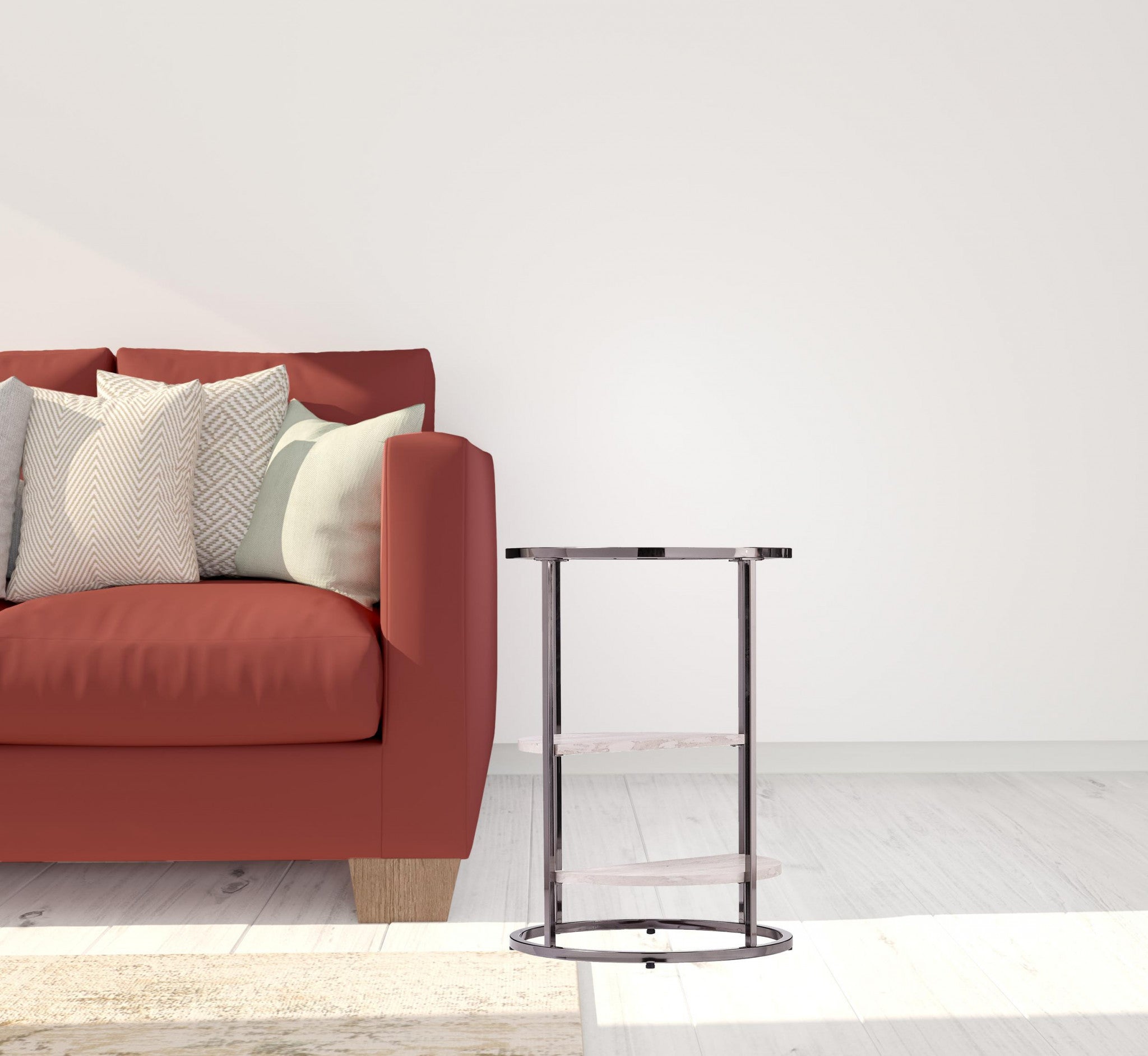 24" Black Metal Glass And Faux Marble Round End Table With Two Shelves-End-Side Tables-DECOROLALA