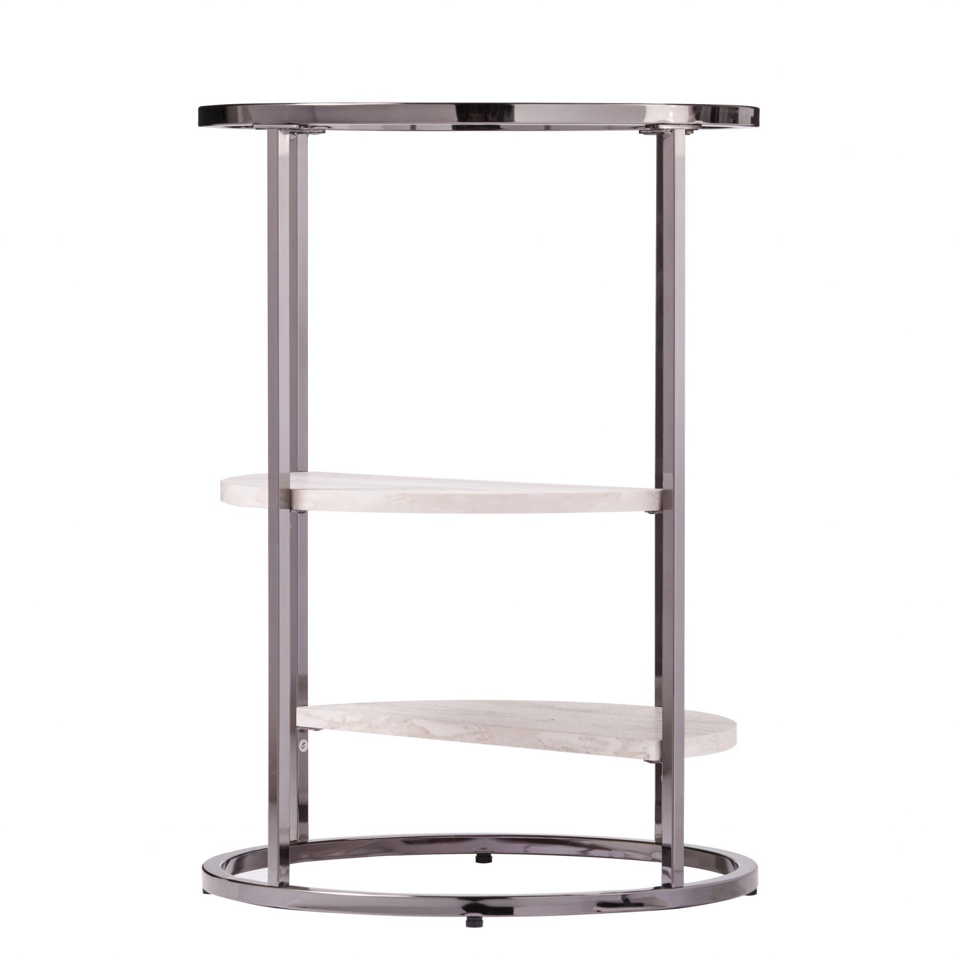 24" Black Metal Glass And Faux Marble Round End Table With Two Shelves-End-Side Tables-DECOROLALA