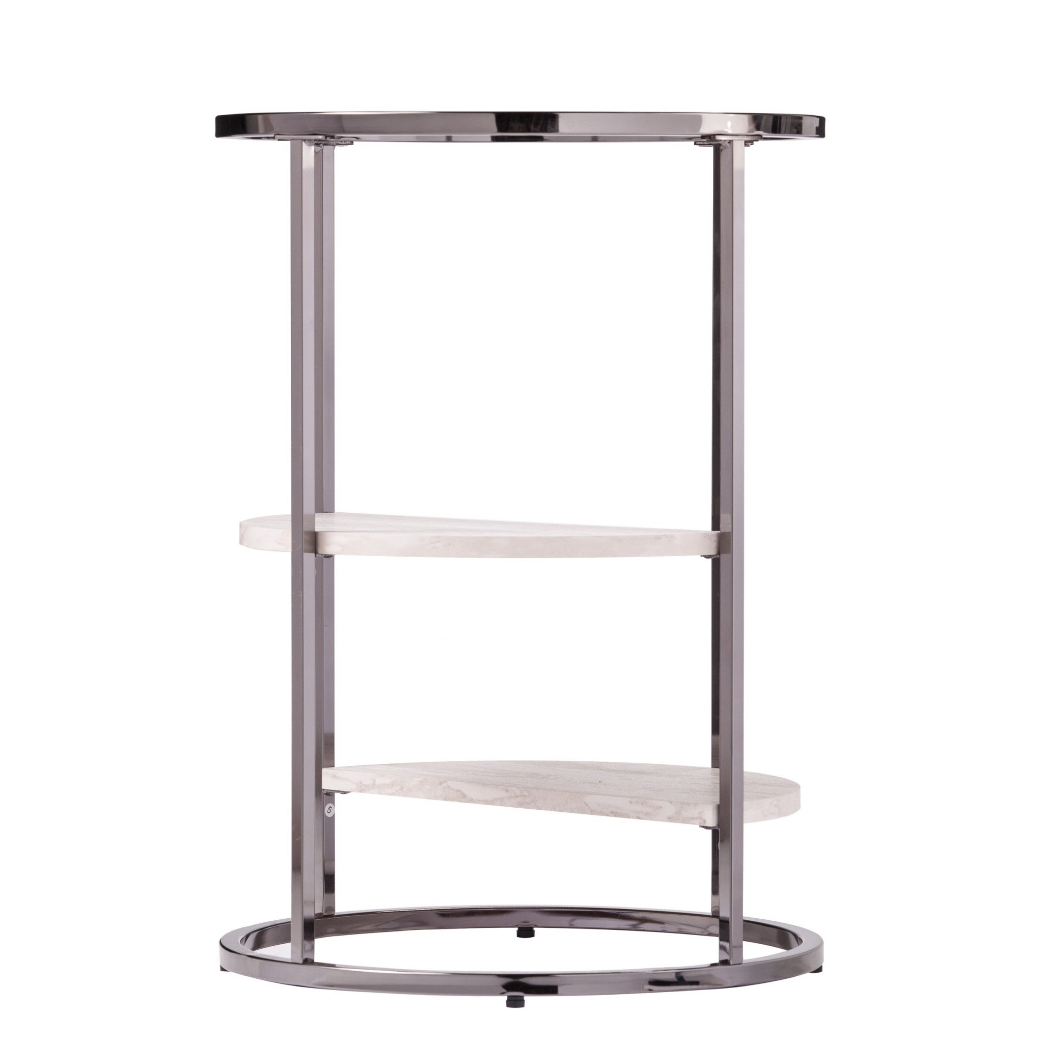 24" Black Metal Glass And Faux Marble Round End Table With Two Shelves-End-Side Tables-DECOROLALA