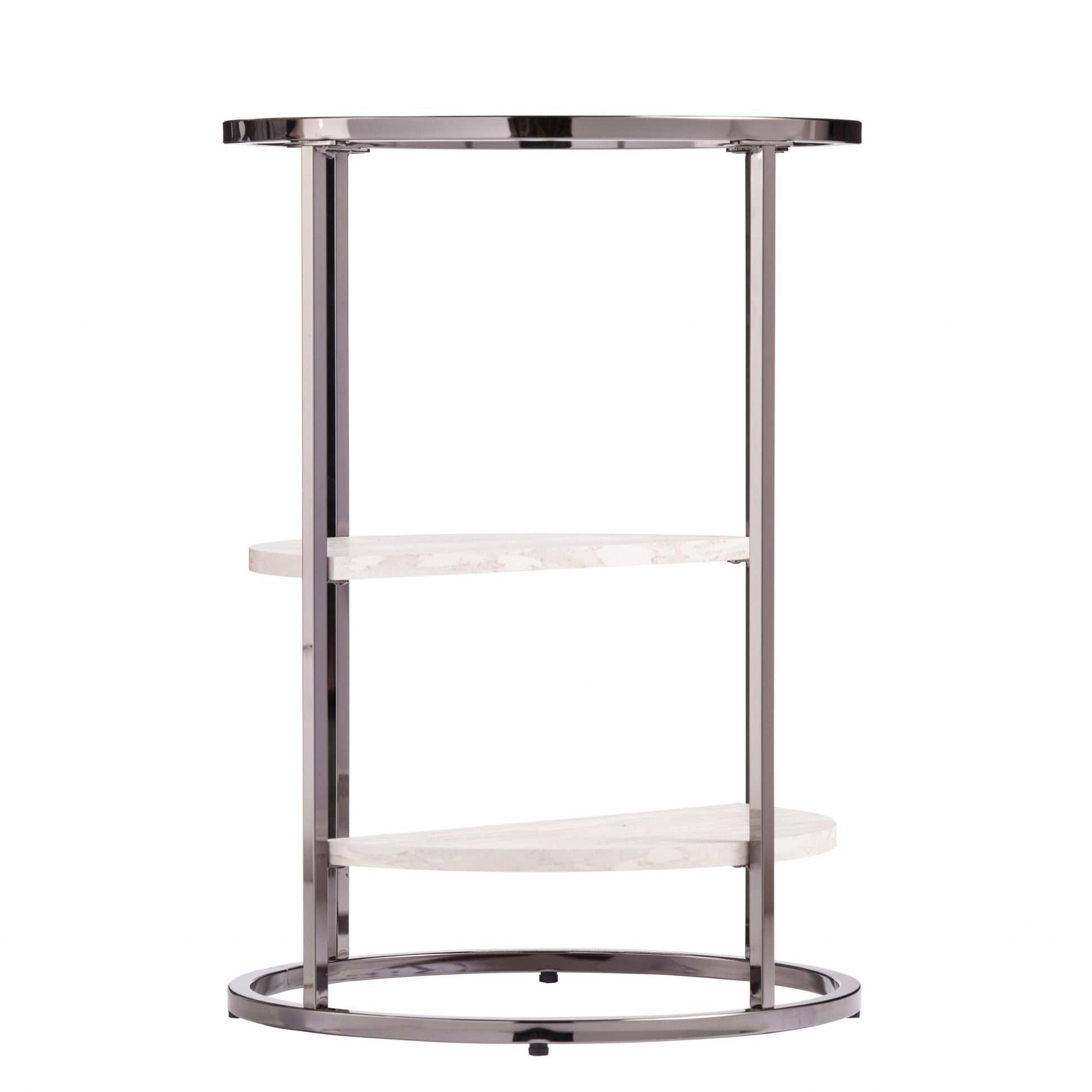 24" Black Metal Glass And Faux Marble Round End Table With Two Shelves-End-Side Tables-DECOROLALA