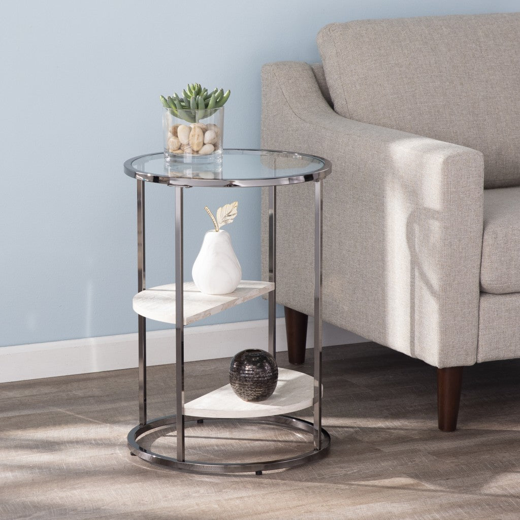 24" Black Metal Glass And Faux Marble Round End Table With Two Shelves-End-Side Tables-DECOROLALA